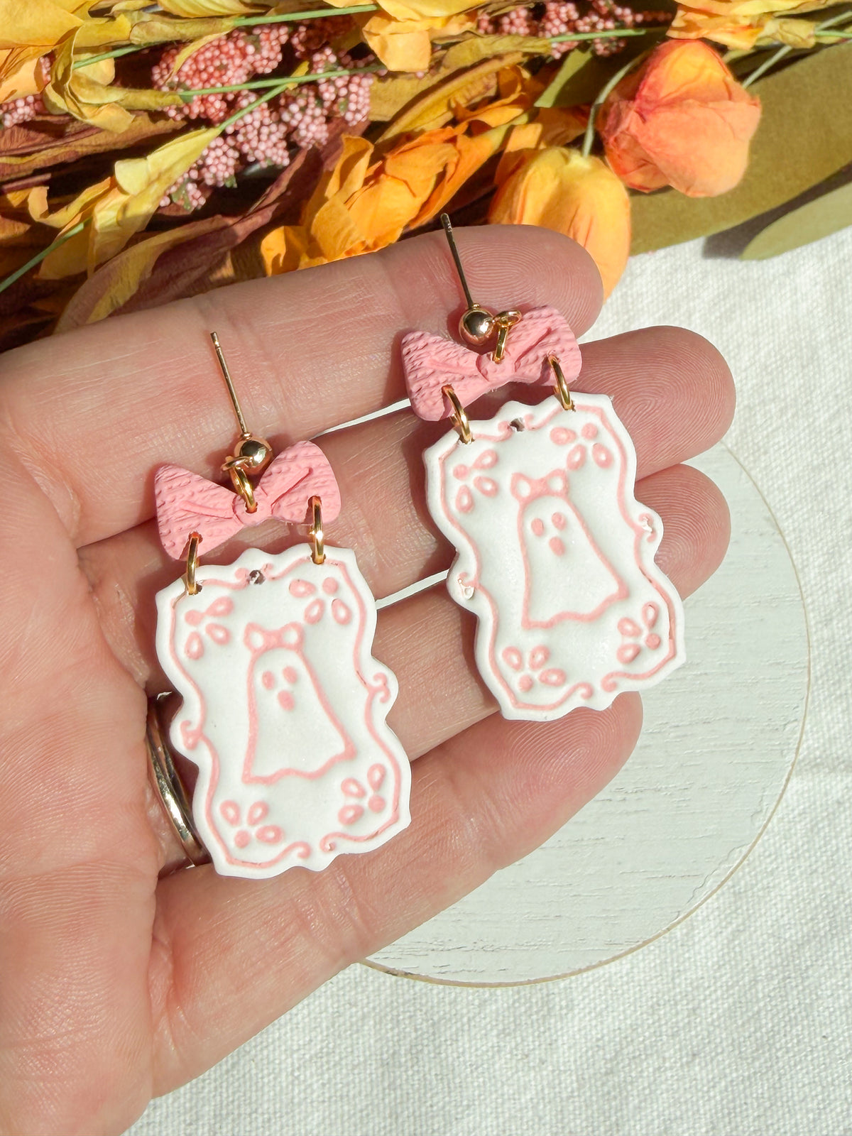 Girly Pink Bow Ghost Halloween Polymer Clay Dangles | Fall Earrings
