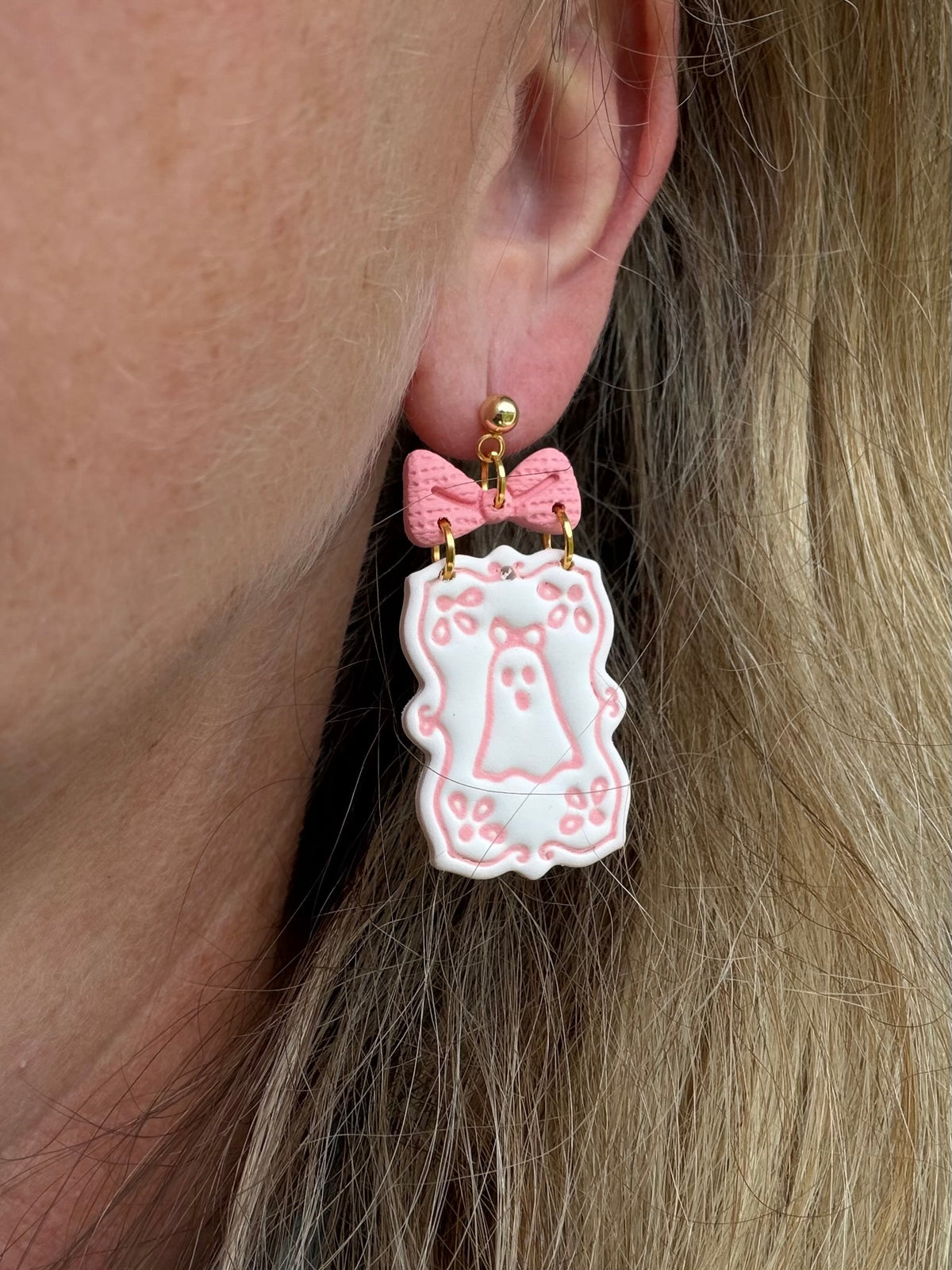 Girly Pink Bow Ghost Halloween Polymer Clay Dangles | Fall Earrings