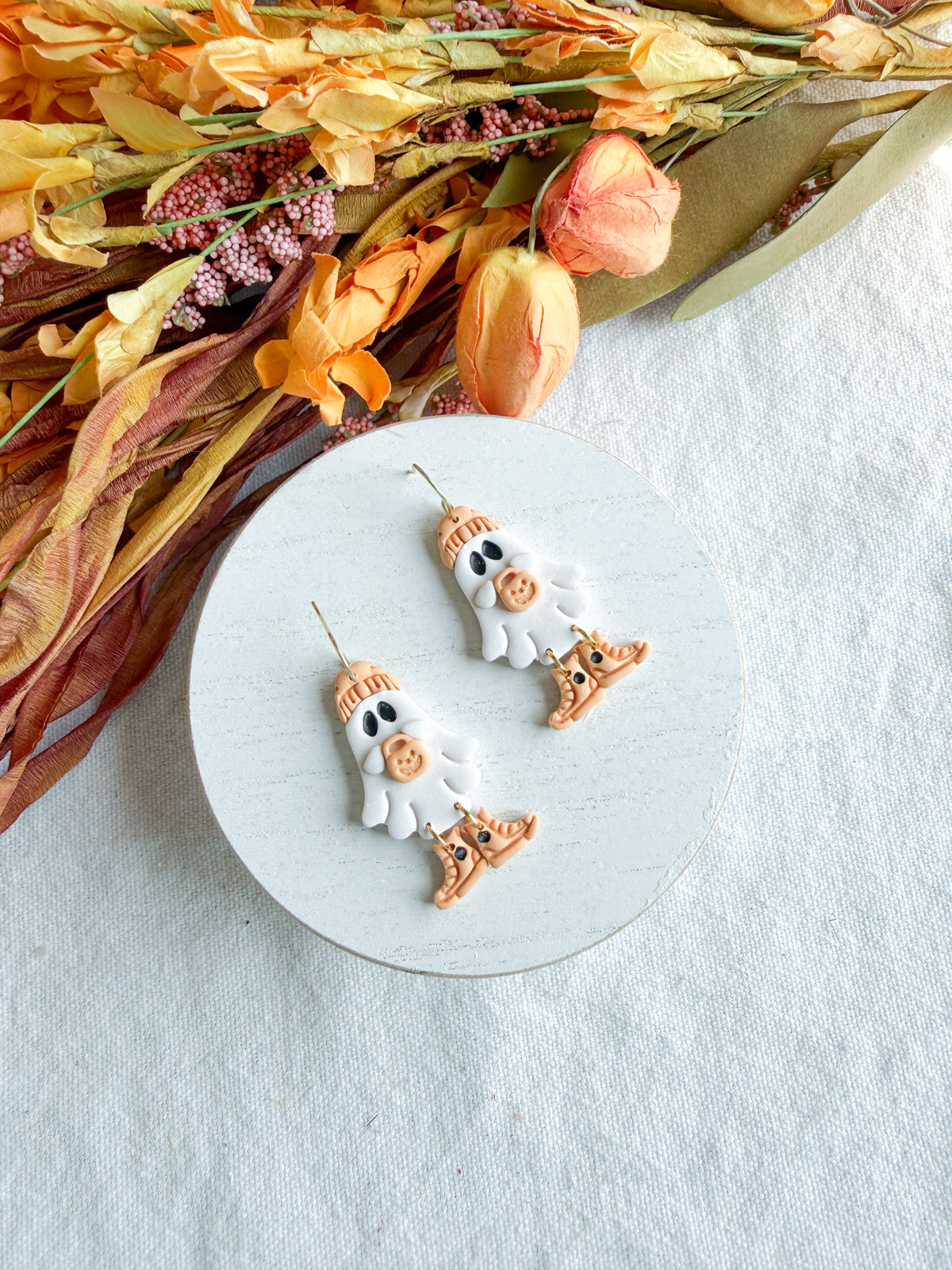 Orange Beanie and Vans Ghost Halloween Polymer Clay Dangles | Fall Earrings