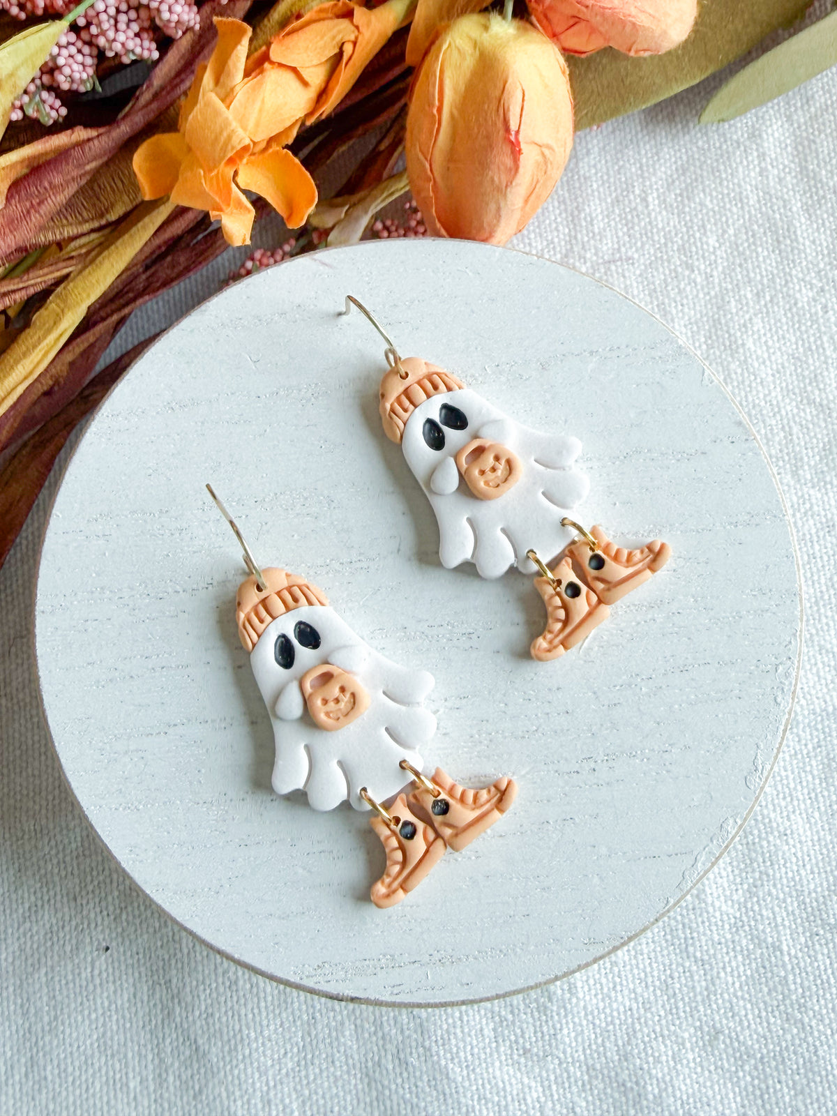 Orange Beanie and Vans Ghost Halloween Polymer Clay Dangles | Fall Earrings