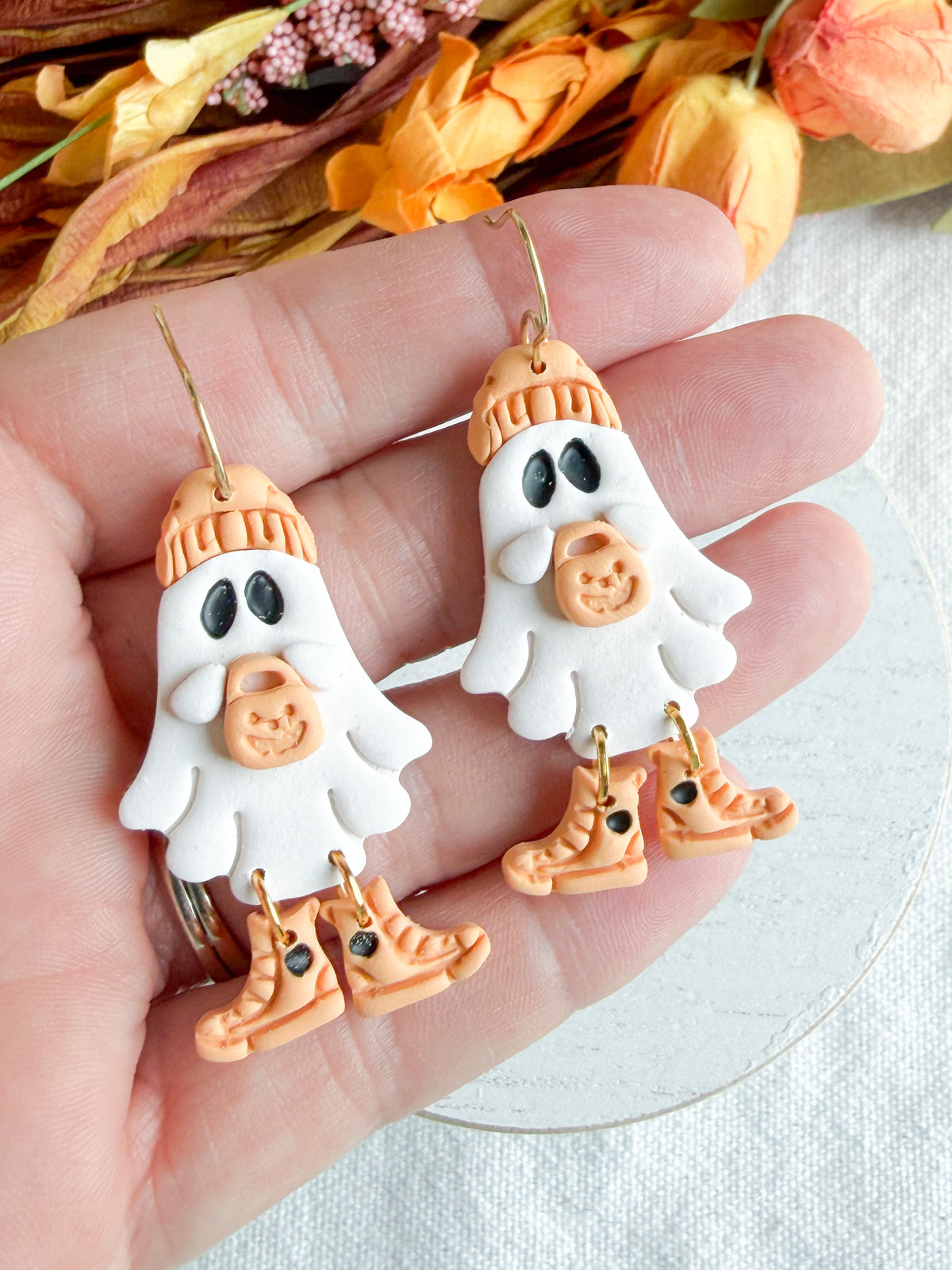 Orange Beanie and Vans Ghost Halloween Polymer Clay Dangles | Fall Earrings