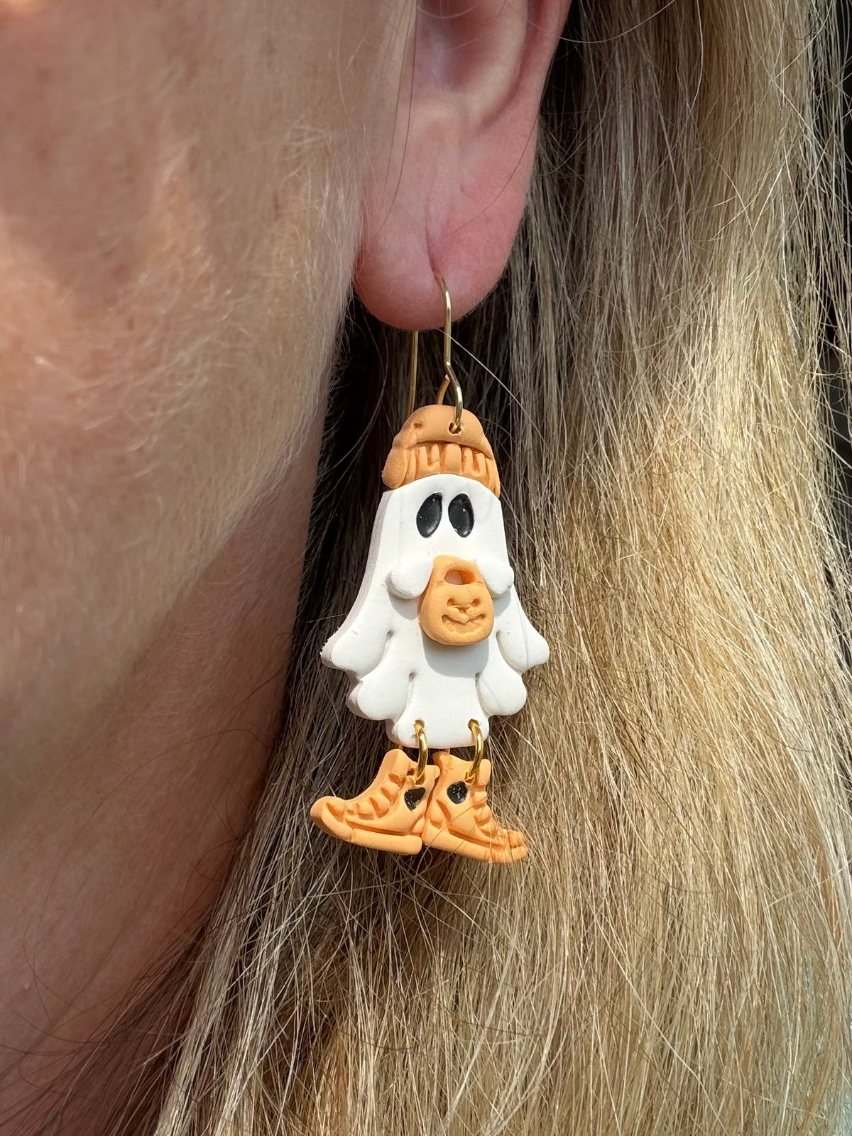 Orange Beanie and Vans Ghost Halloween Polymer Clay Dangles | Fall Earrings