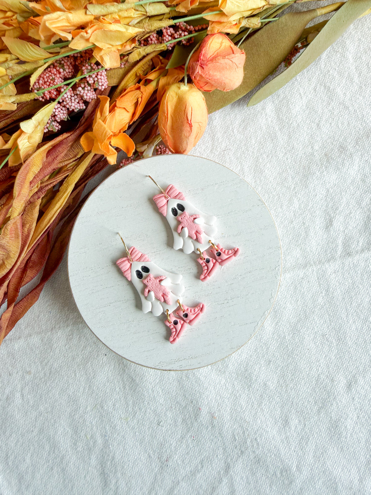 Pink Bow Ghost with Cat Halloween Polymer Clay Dangles | Fall Earrings