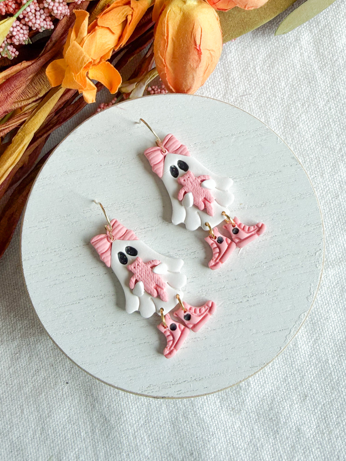 Pink Bow Ghost with Cat Halloween Polymer Clay Dangles | Fall Earrings