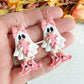 Pink Bow Ghost with Cat Halloween Polymer Clay Dangles | Fall Earrings
