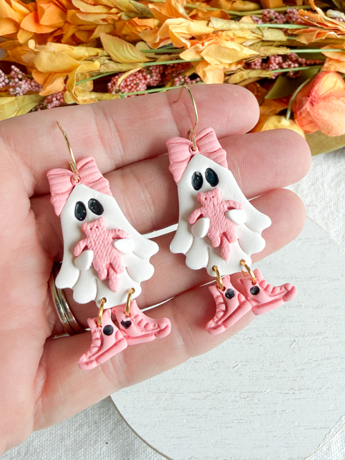 Pink Bow Ghost with Cat Halloween Polymer Clay Dangles | Fall Earrings