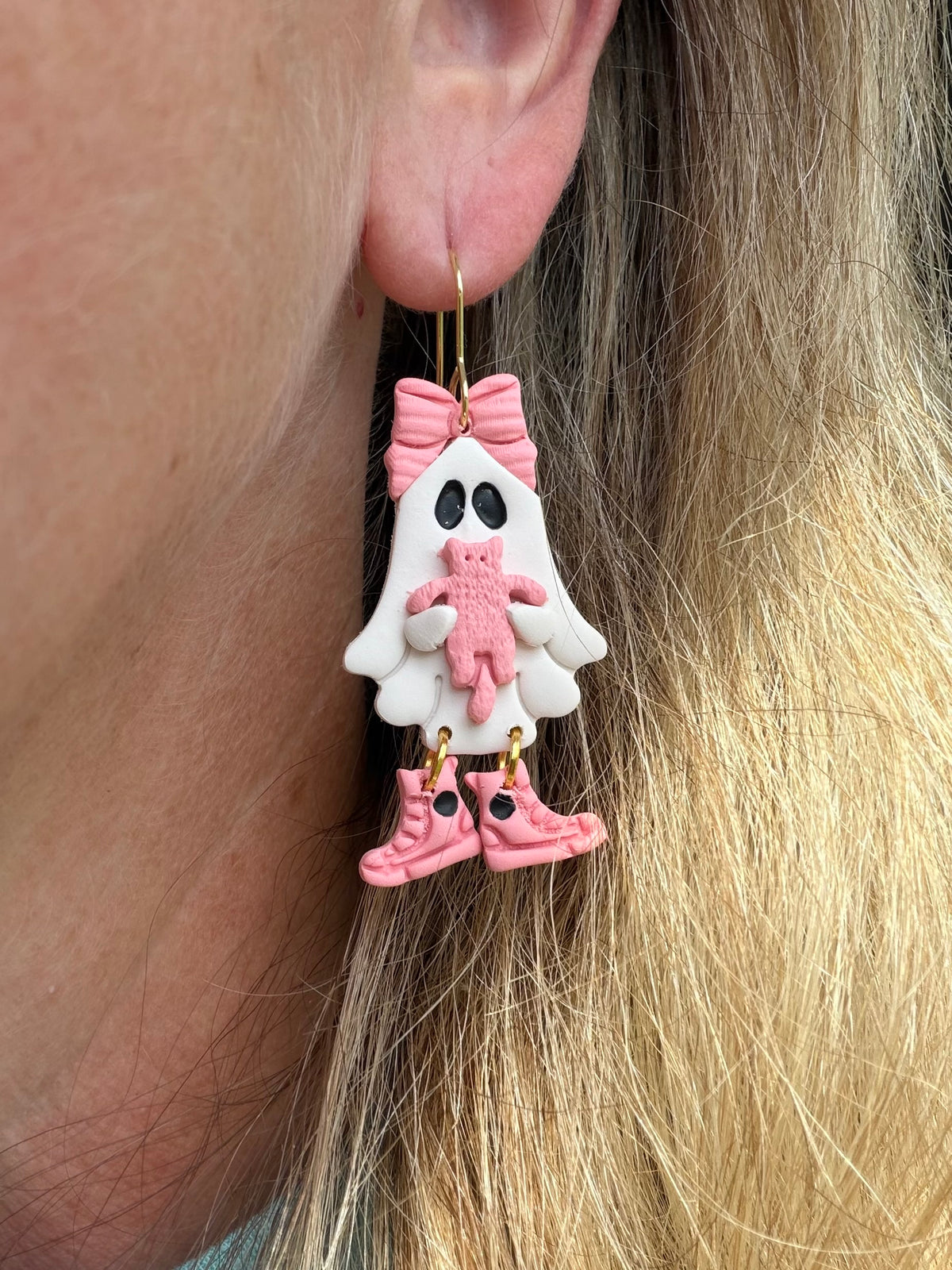 Pink Bow Ghost with Cat Halloween Polymer Clay Dangles | Fall Earrings