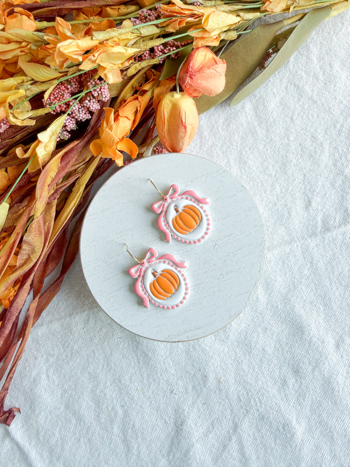 Pink Bow Framed Pumpkin Halloween Polymer Clay Dangles | Fall Earrings