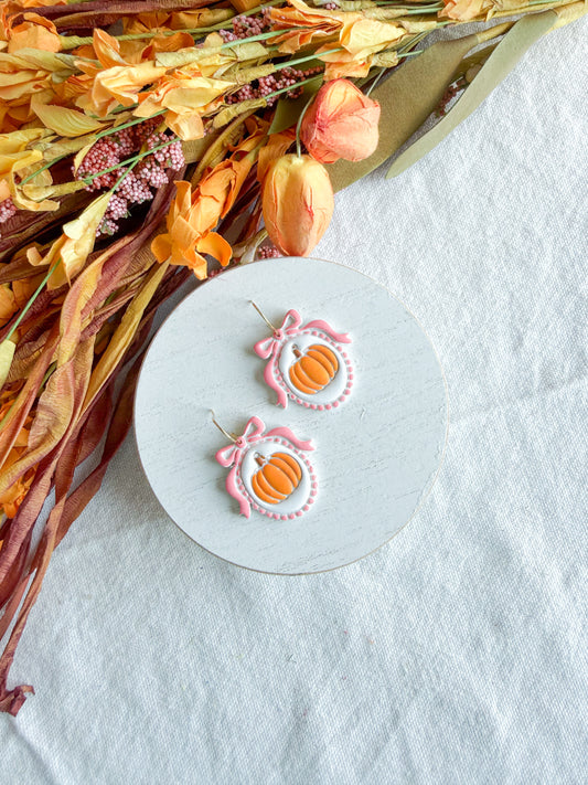 Pink Bow Framed Pumpkin Halloween Polymer Clay Dangles | Fall Earrings