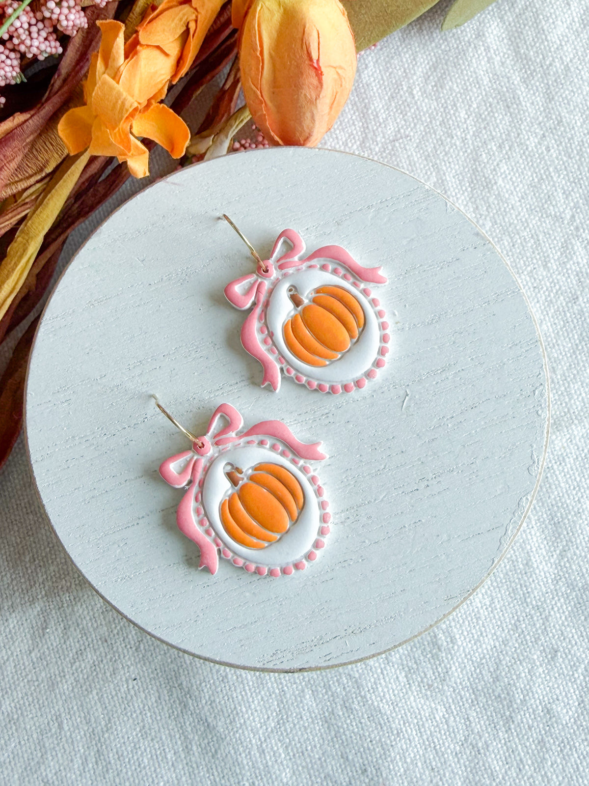 Pink Bow Framed Pumpkin Halloween Polymer Clay Dangles | Fall Earrings