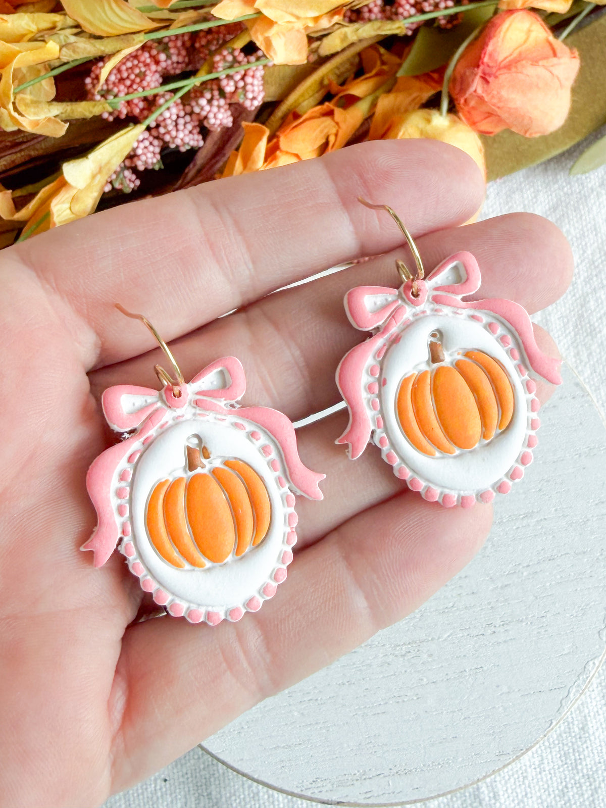 Pink Bow Framed Pumpkin Halloween Polymer Clay Dangles | Fall Earrings
