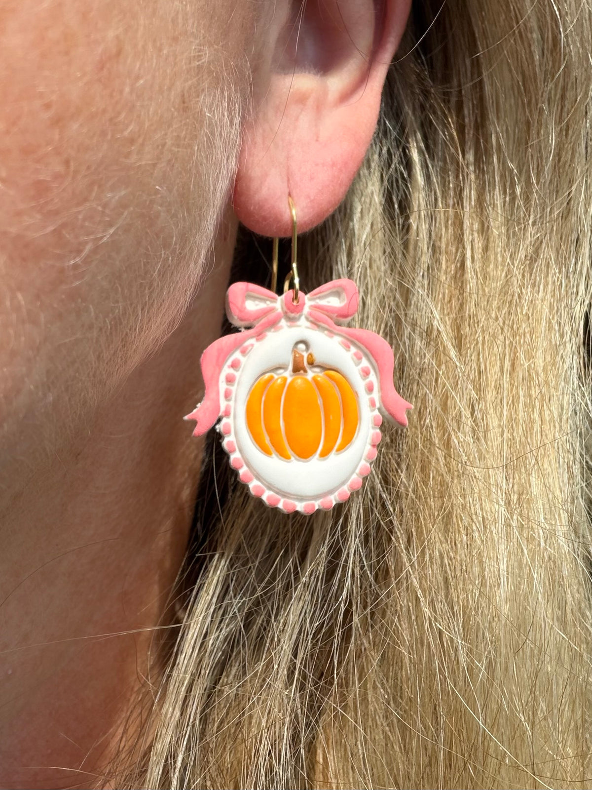 Pink Bow Framed Pumpkin Halloween Polymer Clay Dangles | Fall Earrings
