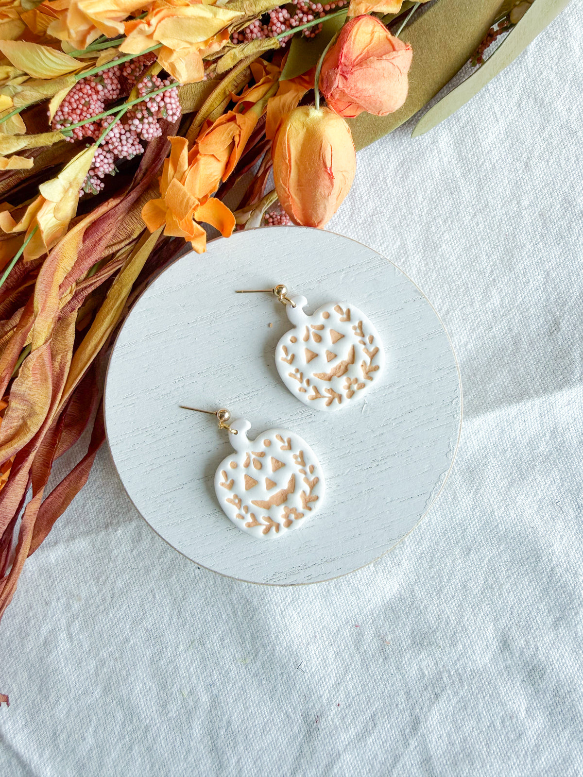 Folk Art Jack-O-Lantern Pumpkin Halloween Polymer Clay Dangles | Fall Earrings