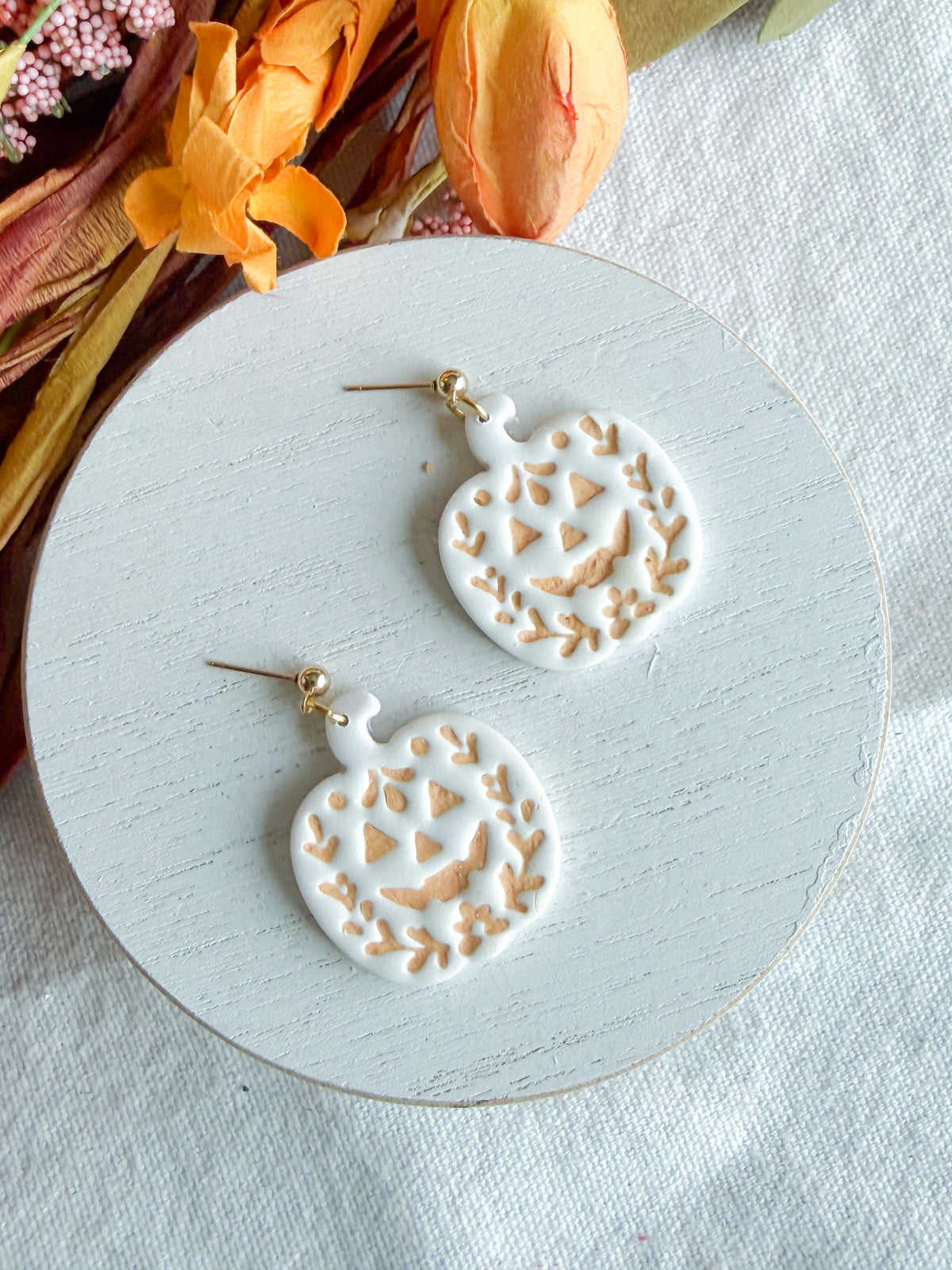 Folk Art Jack-O-Lantern Pumpkin Halloween Polymer Clay Dangles | Fall Earrings