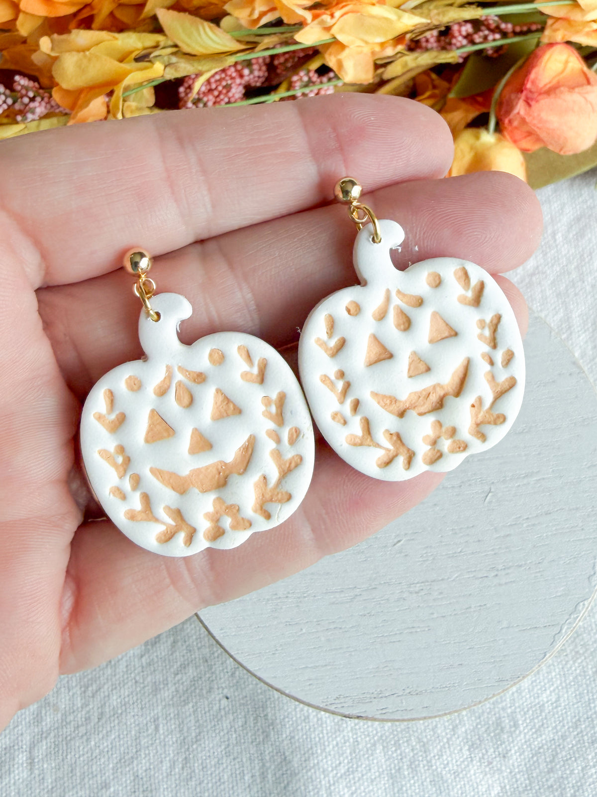 Folk Art Jack-O-Lantern Pumpkin Halloween Polymer Clay Dangles | Fall Earrings