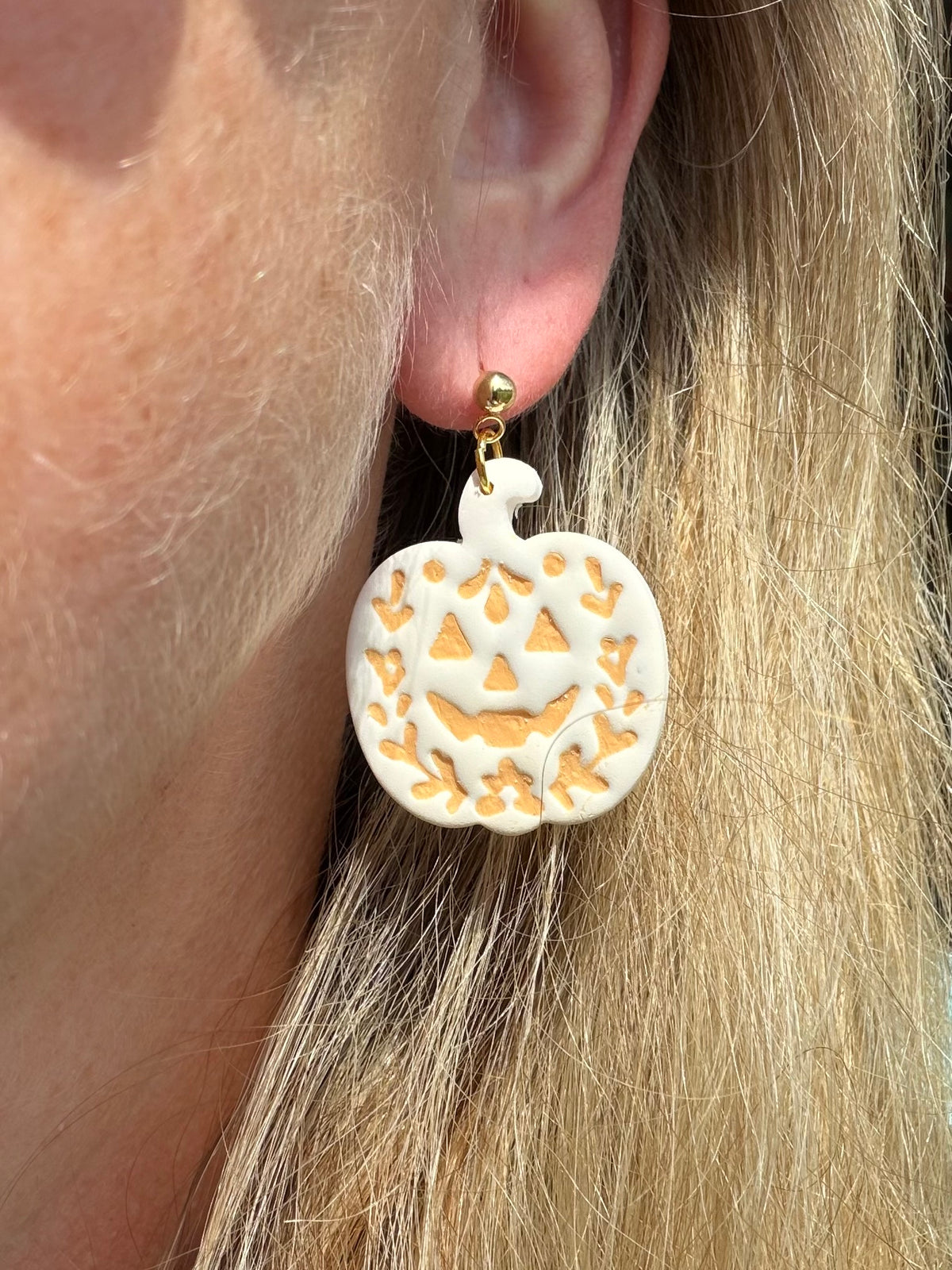 Folk Art Jack-O-Lantern Pumpkin Halloween Polymer Clay Dangles | Fall Earrings