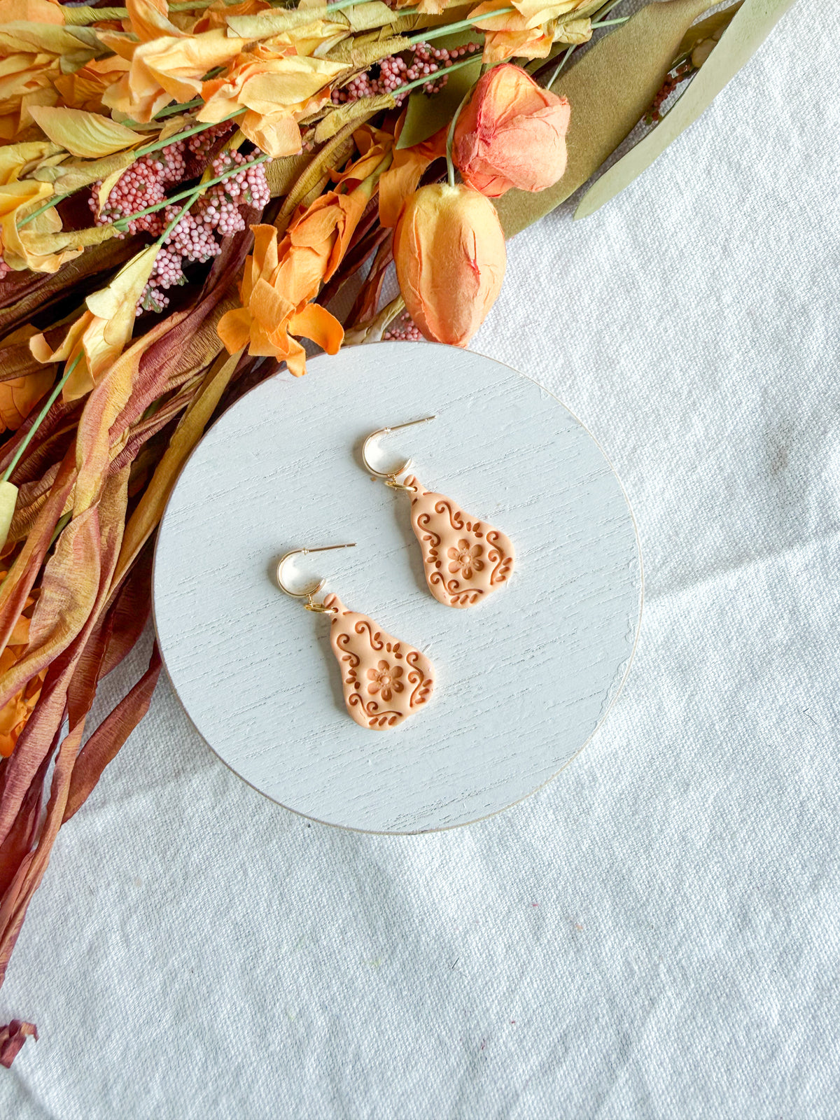 Folk Art Floral Patterned Pumpkin Halloween Polymer Clay Dangles | Fall Earrings