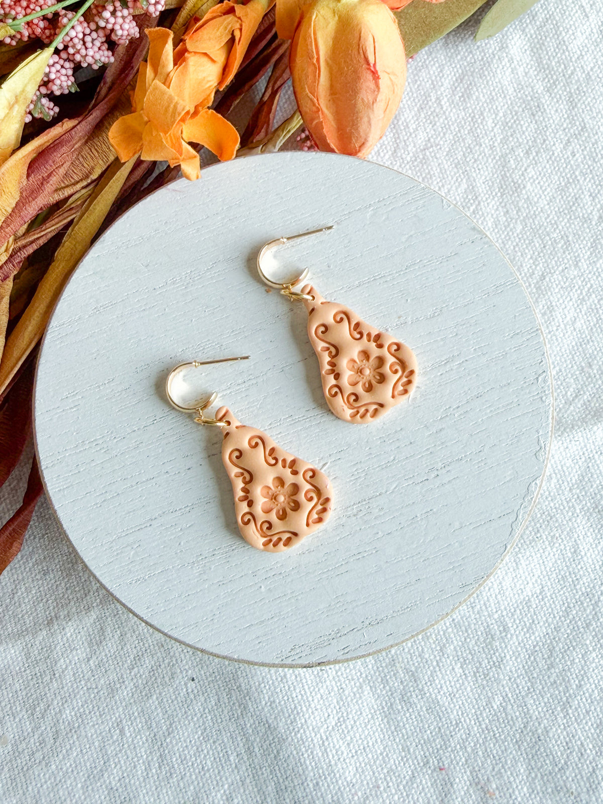 Folk Art Floral Patterned Pumpkin Halloween Polymer Clay Dangles | Fall Earrings