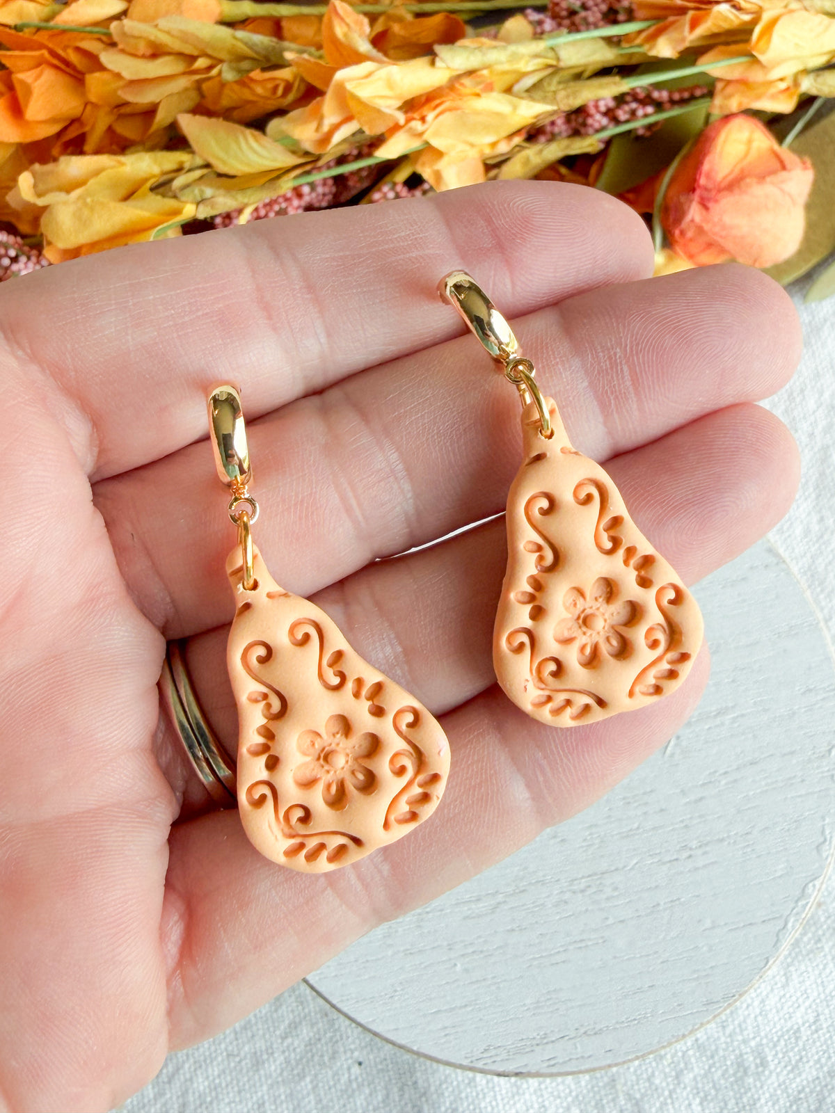 Folk Art Floral Patterned Pumpkin Halloween Polymer Clay Dangles | Fall Earrings