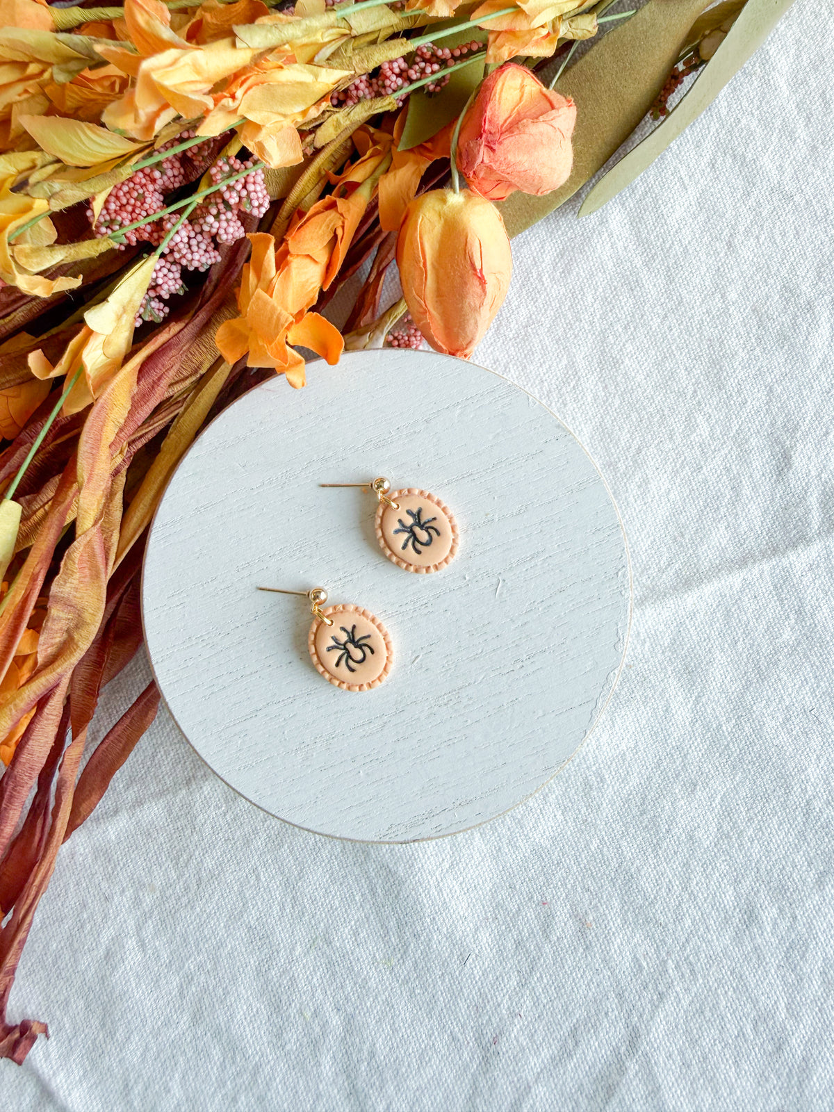 Orange and Black Spooky Spider Halloween Polymer Clay Dangles | Fall Earrings