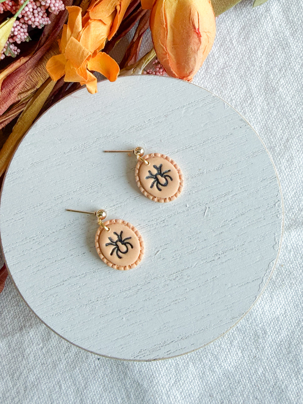 Orange and Black Spooky Spider Halloween Polymer Clay Dangles | Fall Earrings
