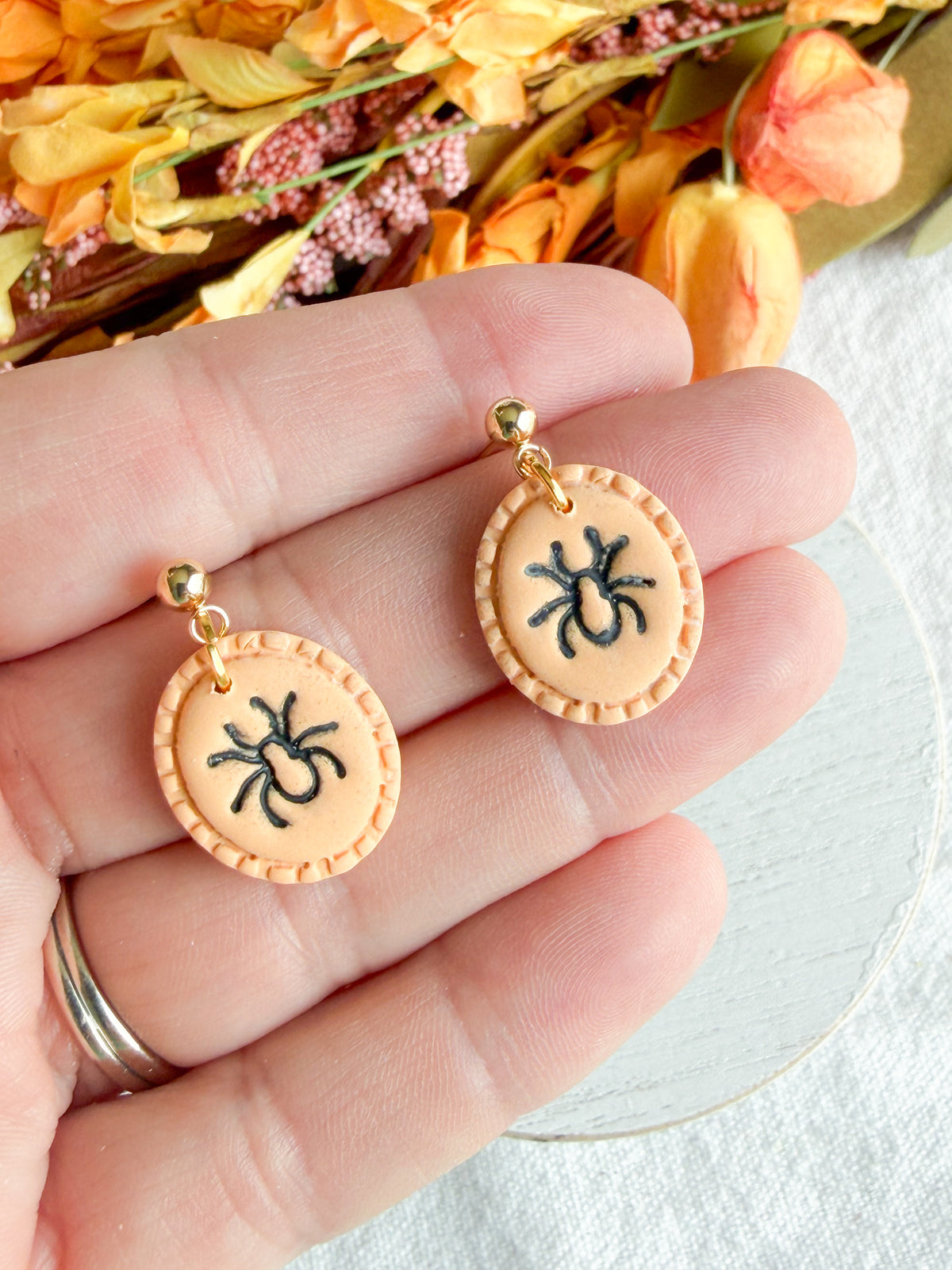 Orange and Black Spooky Spider Halloween Polymer Clay Dangles | Fall Earrings