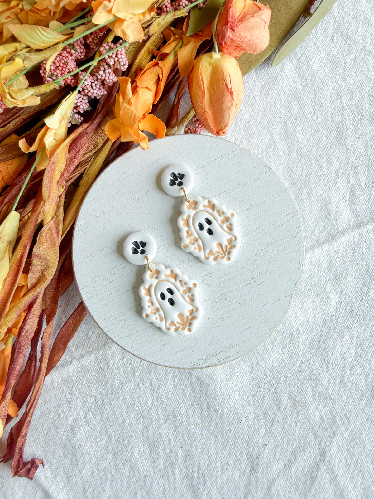 Whimsical Folk Art Floral Ghost Halloween Polymer Clay Dangles | Fall Earrings