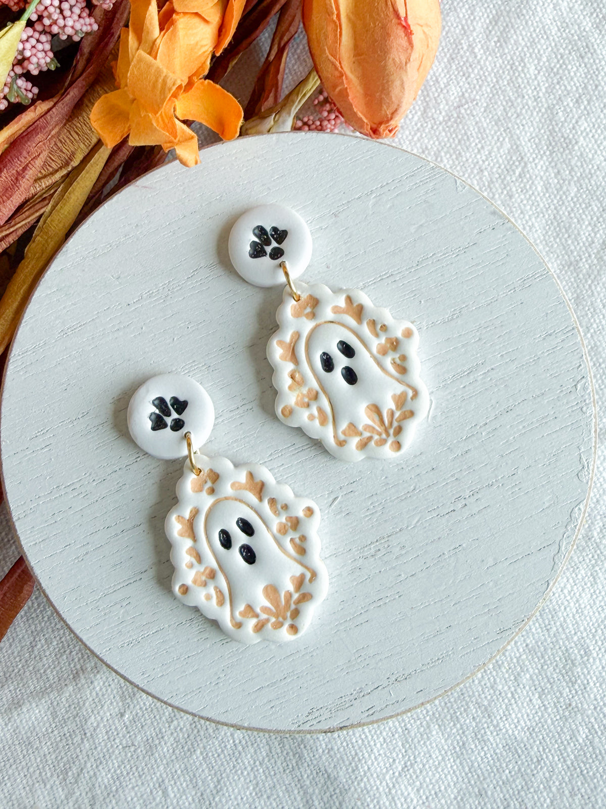 Whimsical Folk Art Floral Ghost Halloween Polymer Clay Dangles | Fall Earrings