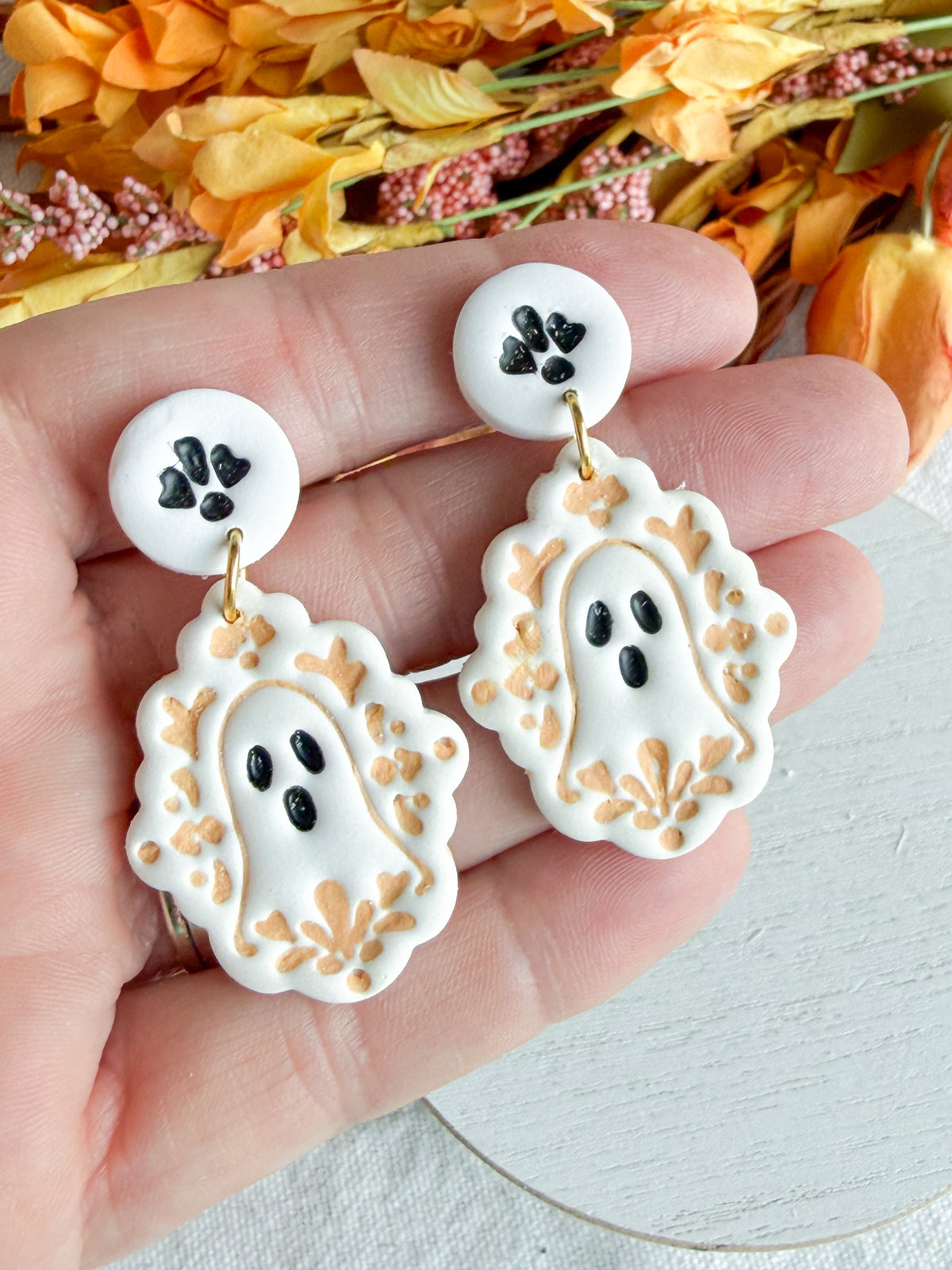 Whimsical Folk Art Floral Ghost Halloween Polymer Clay Dangles | Fall Earrings