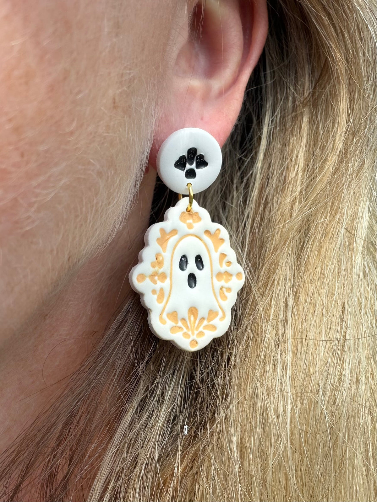 Whimsical Folk Art Floral Ghost Halloween Polymer Clay Dangles | Fall Earrings