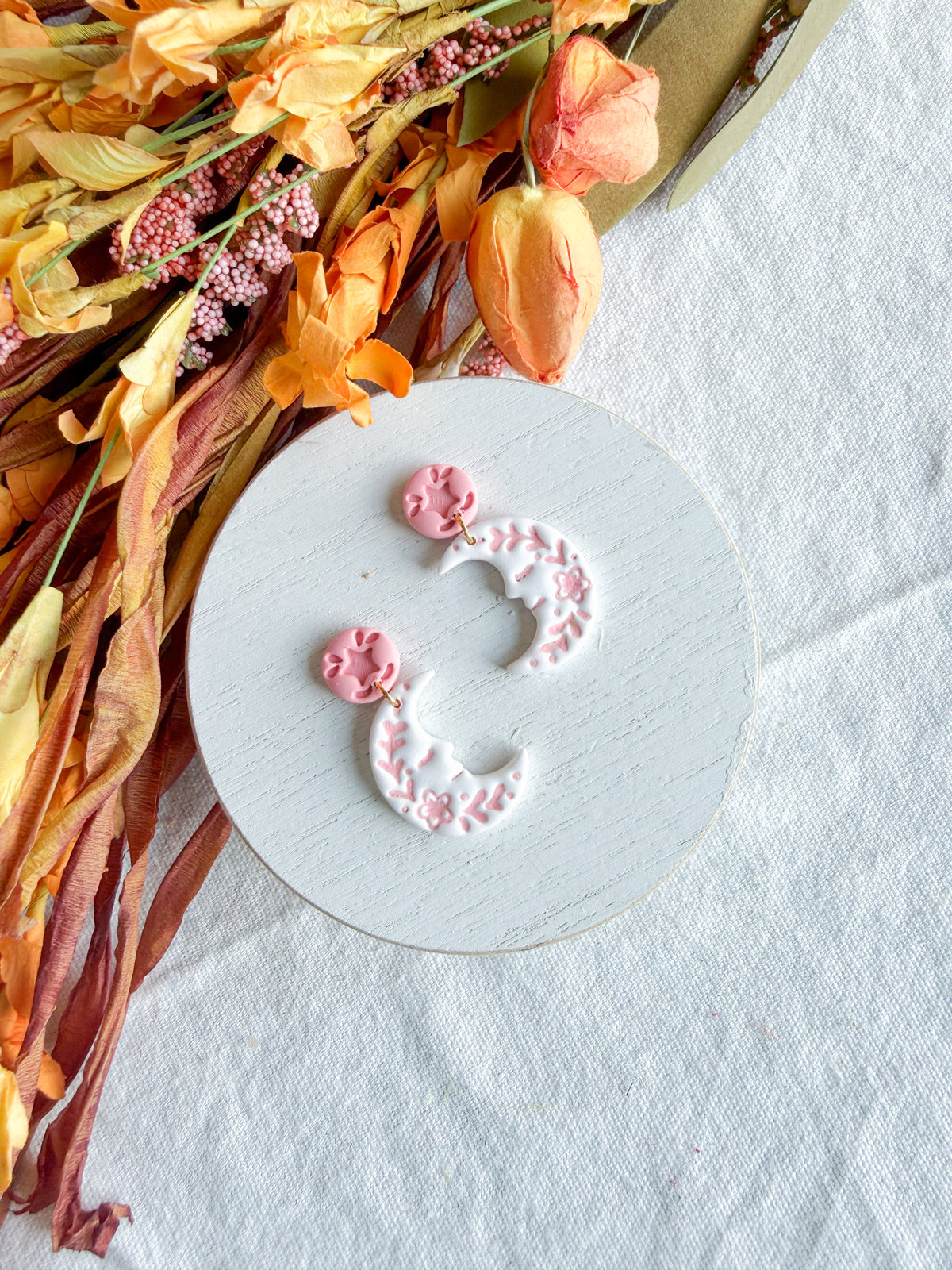 Folk Art Celestial Floral Moon Halloween Polymer Clay Dangles | Fall Earrings