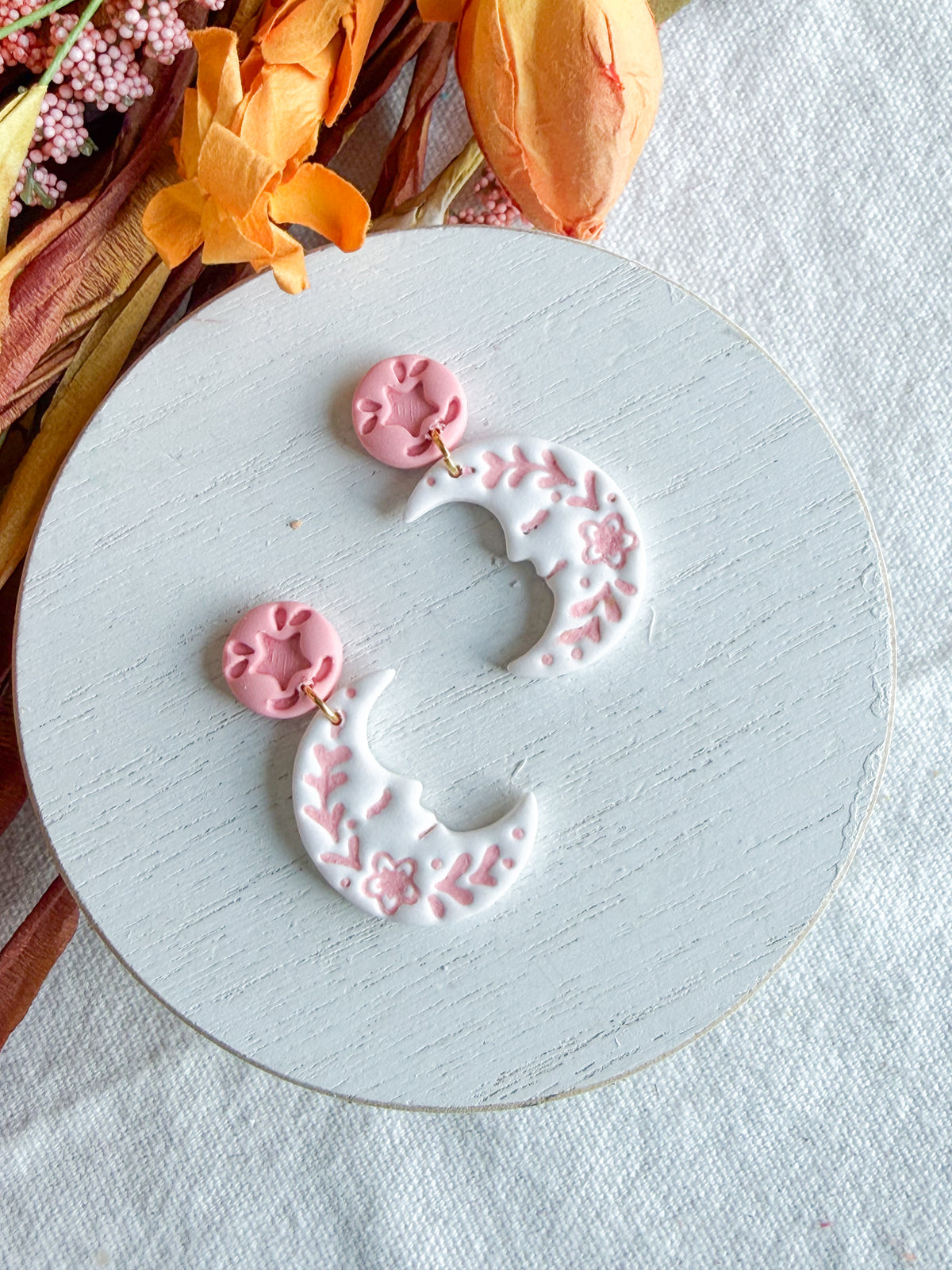 Folk Art Celestial Floral Moon Halloween Polymer Clay Dangles | Fall Earrings