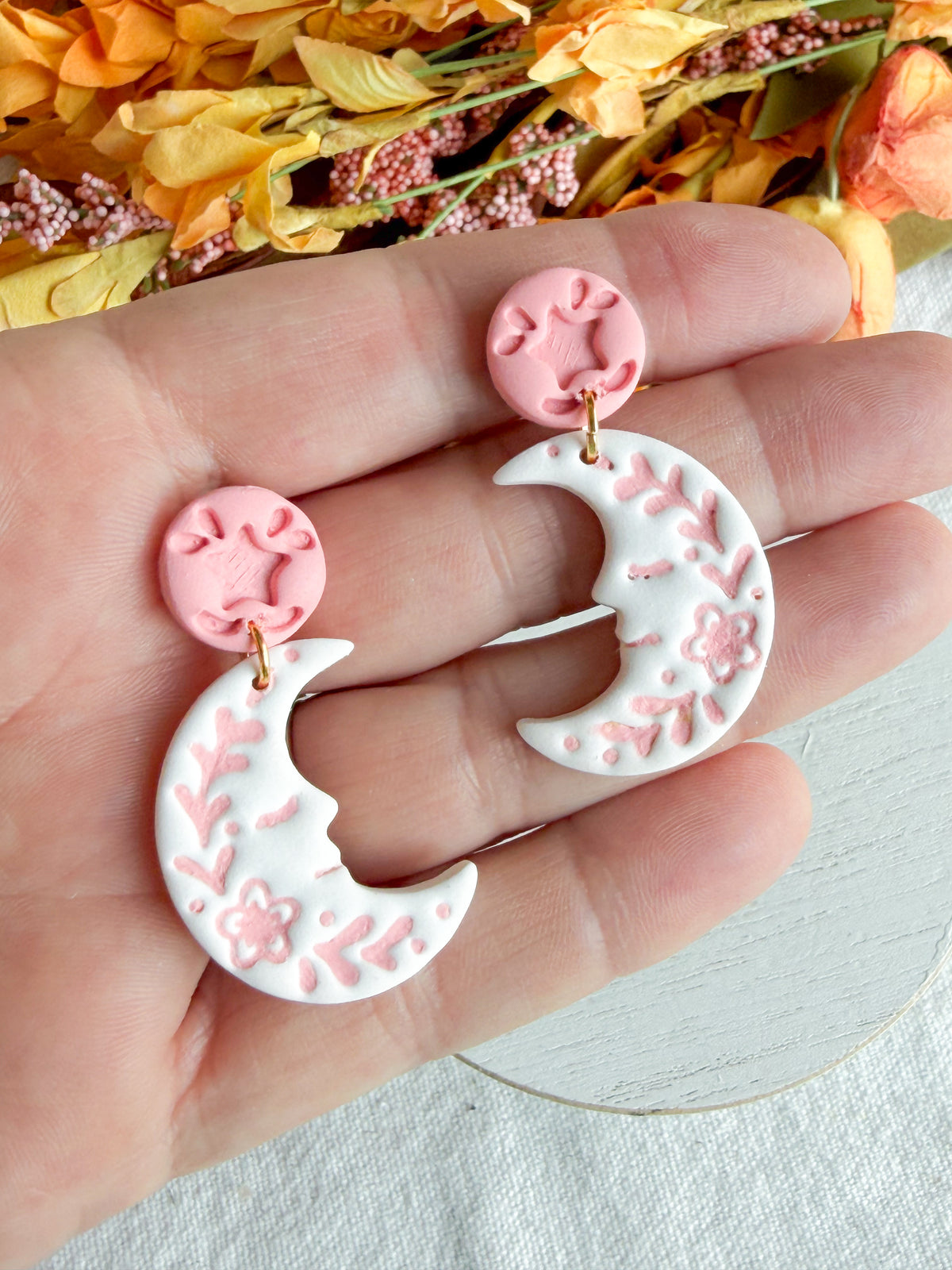 Folk Art Celestial Floral Moon Halloween Polymer Clay Dangles | Fall Earrings