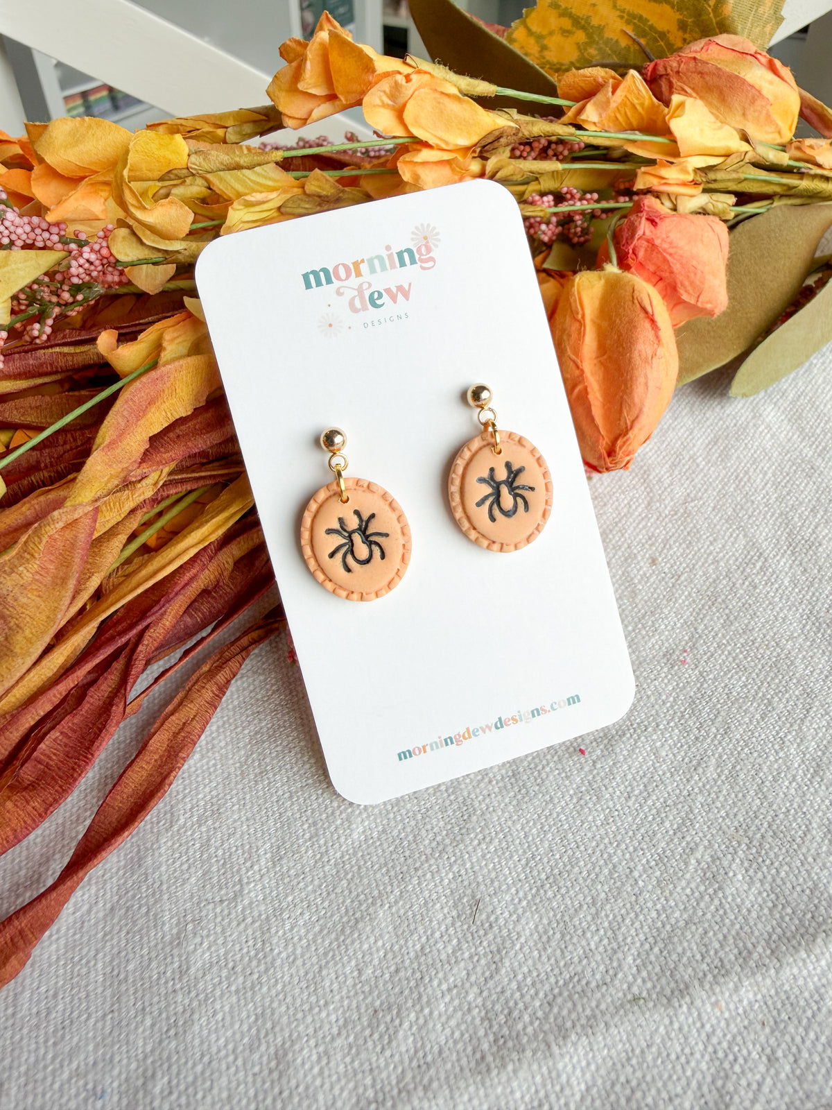 Orange and Black Spooky Spider Halloween Polymer Clay Dangles | Fall Earrings