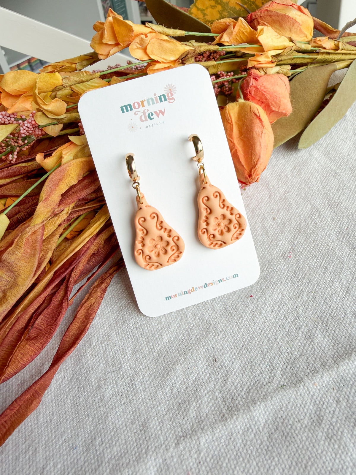 Folk Art Floral Patterned Pumpkin Halloween Polymer Clay Dangles | Fall Earrings