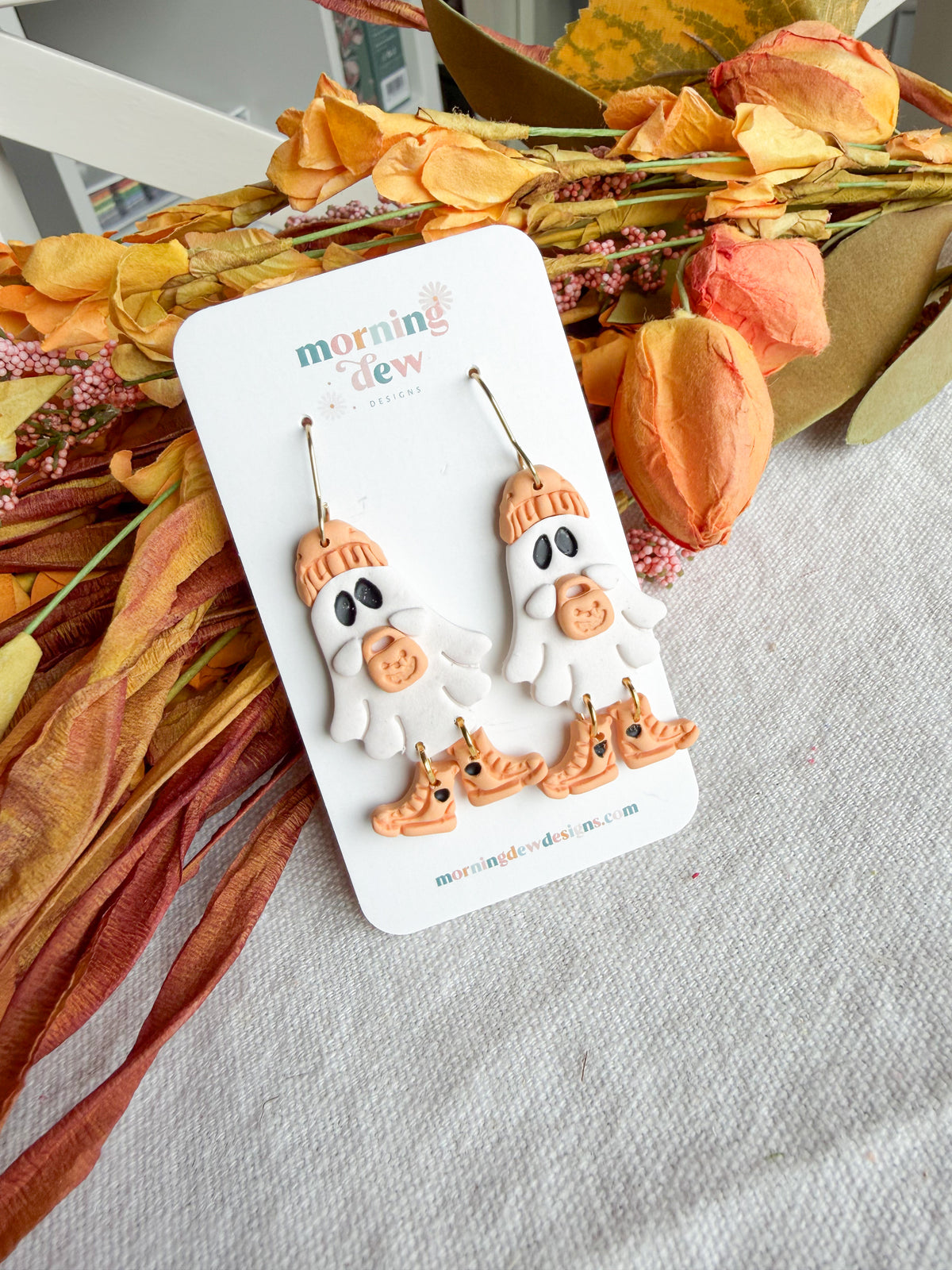 Orange Beanie and Vans Ghost Halloween Polymer Clay Dangles | Fall Earrings