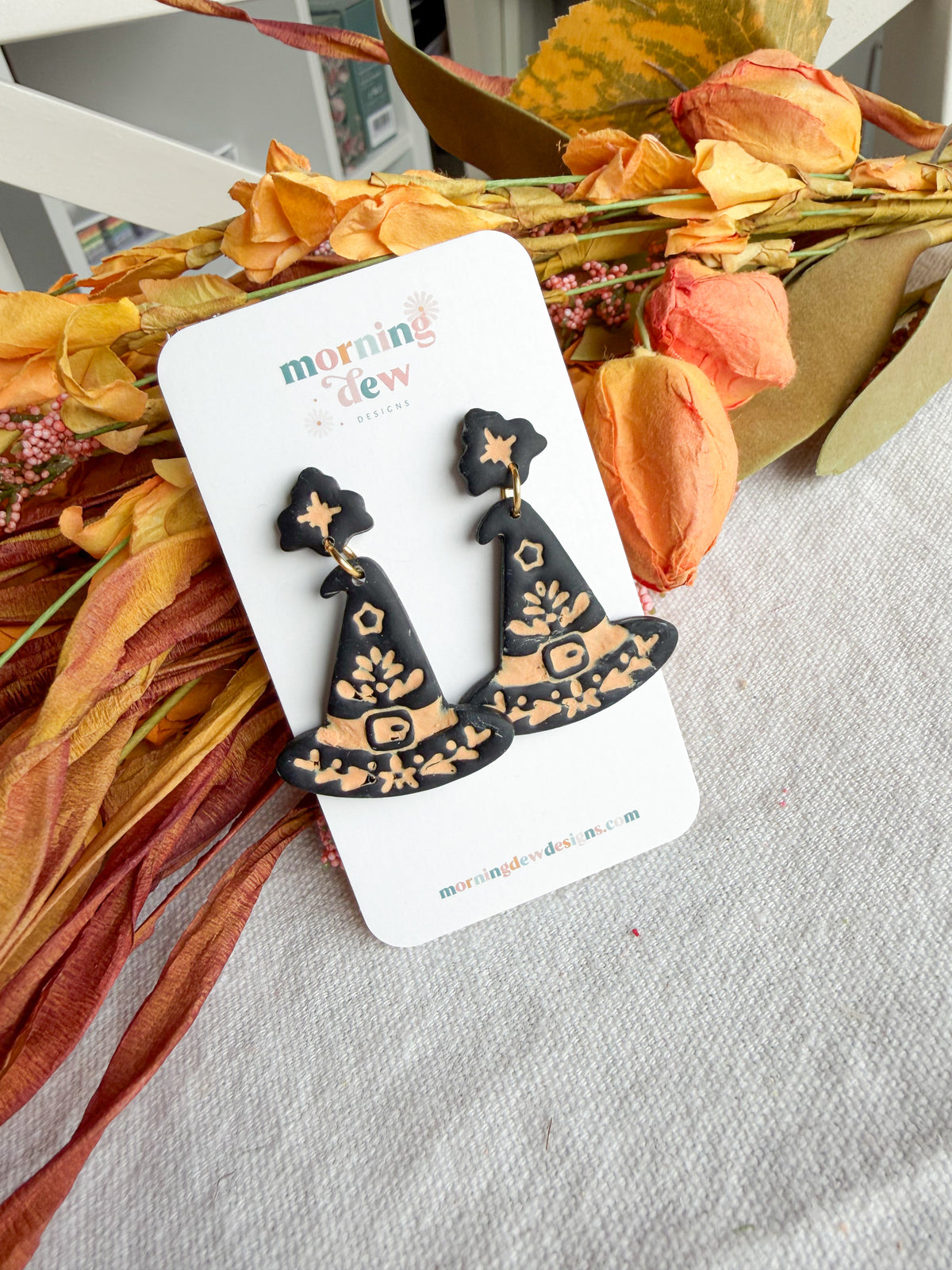 Folk Art Witch's Hat Polymer Clay Dangles | Halloween Earrings