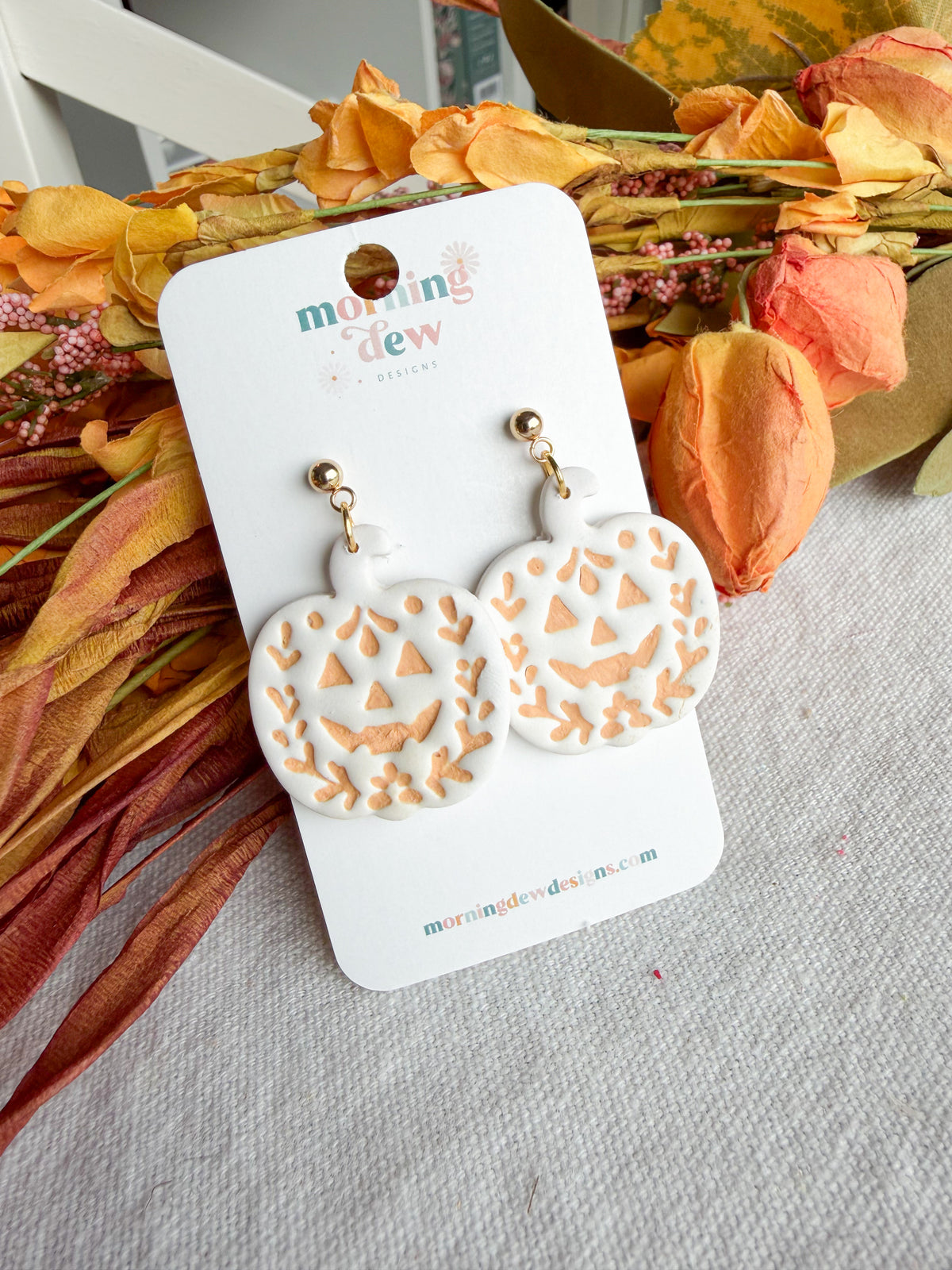 Folk Art Jack-O-Lantern Pumpkin Halloween Polymer Clay Dangles | Fall Earrings