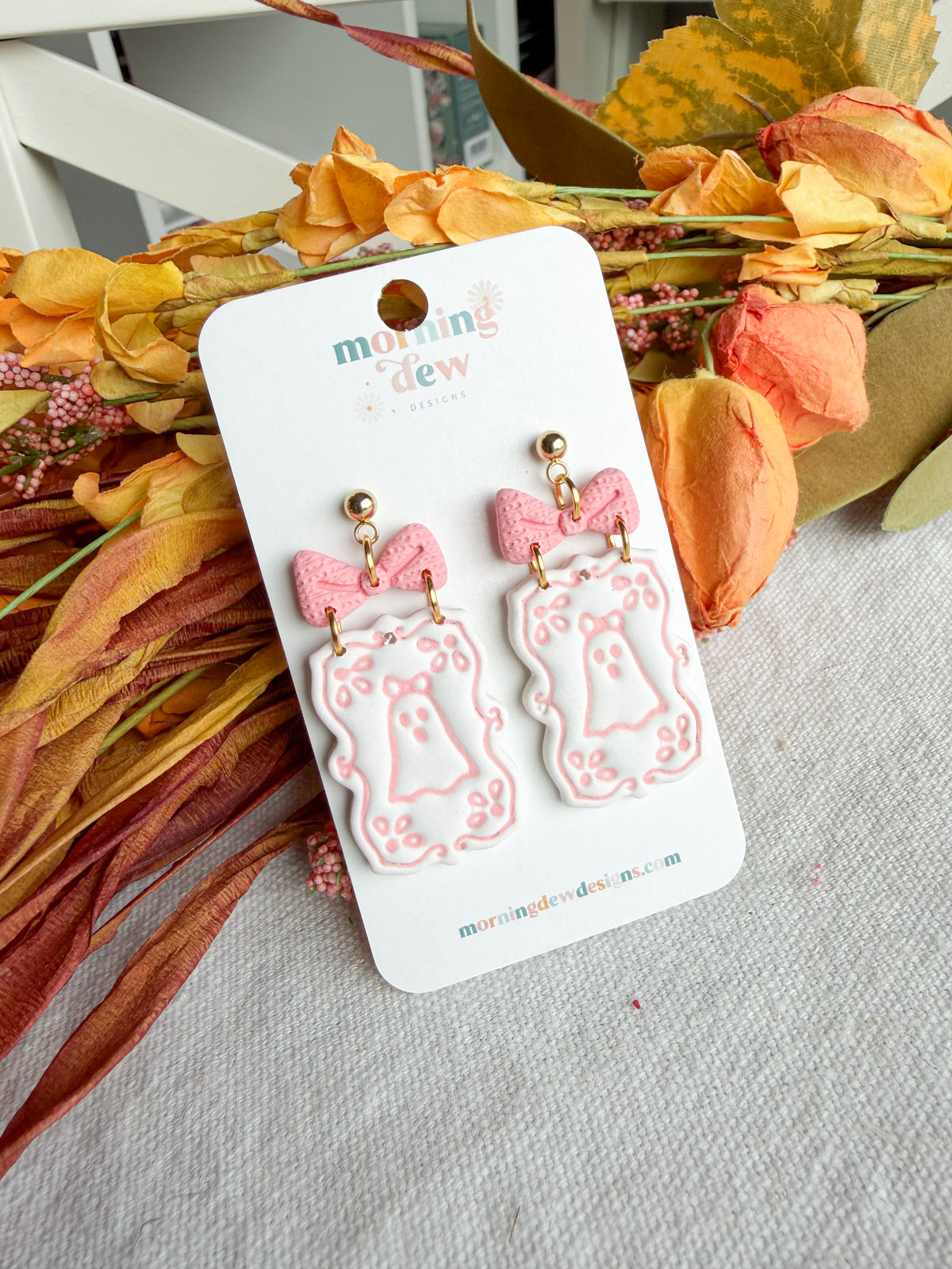 Girly Pink Bow Ghost Halloween Polymer Clay Dangles | Fall Earrings