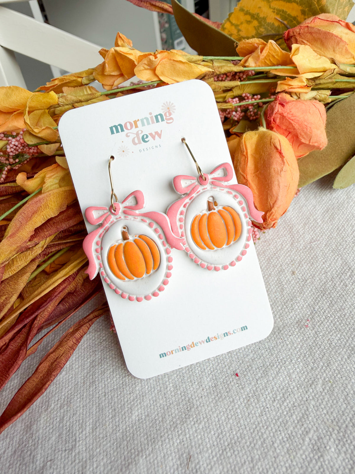 Pink Bow Framed Pumpkin Halloween Polymer Clay Dangles | Fall Earrings