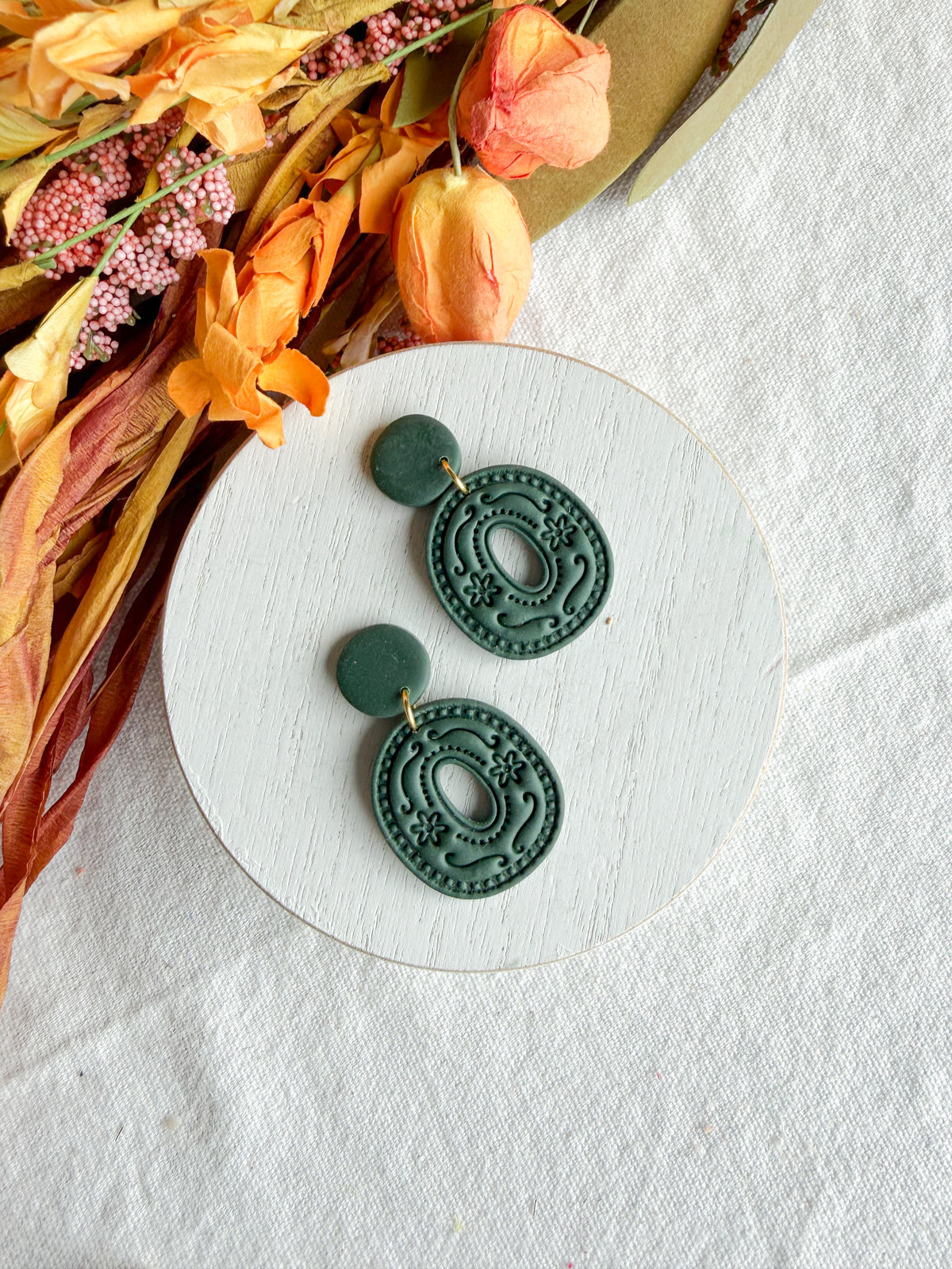 Forest Green Boho Folk Art Organic Circle Polymer Clay Earrings