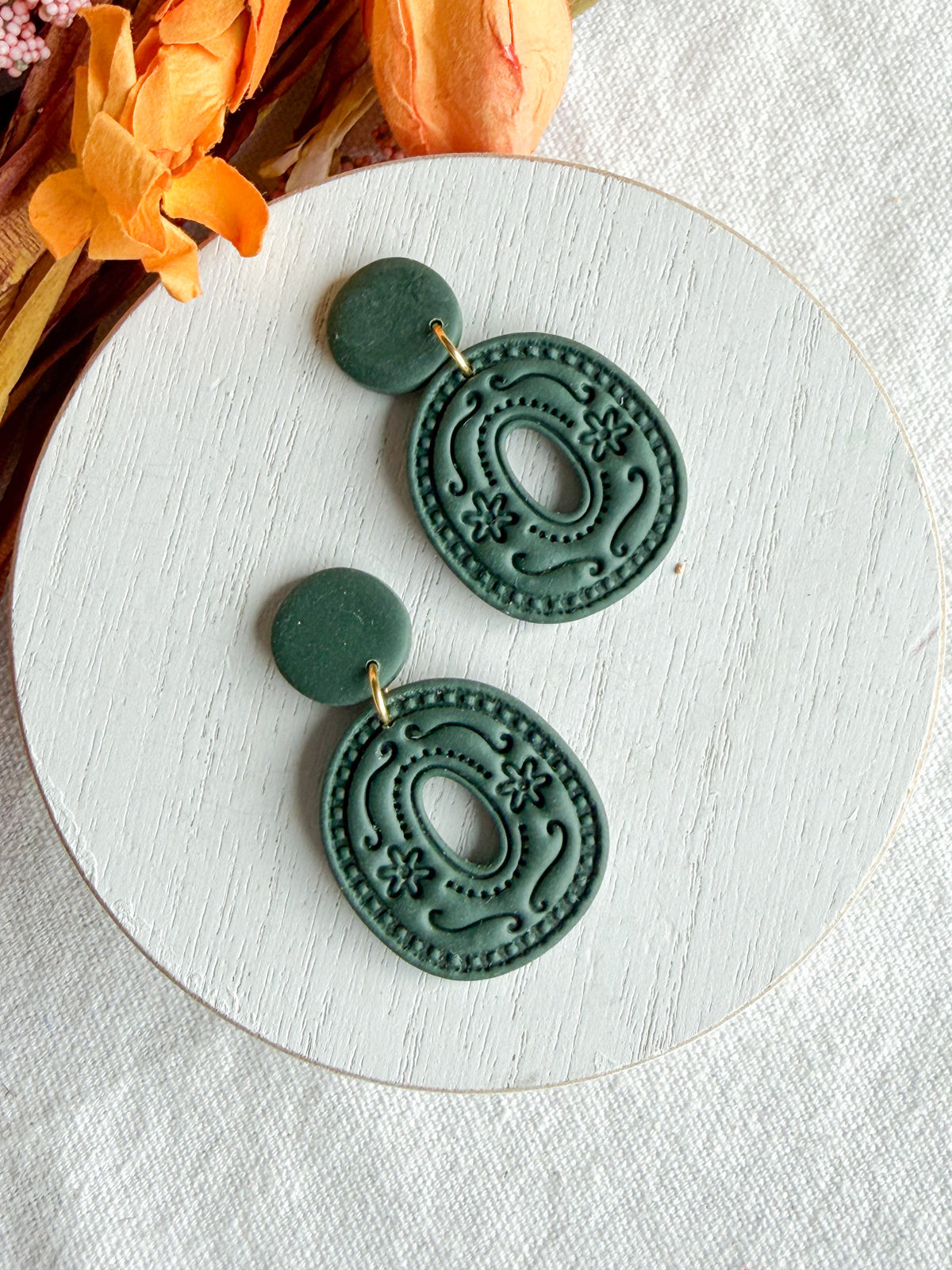 Forest Green Boho Folk Art Organic Circle Polymer Clay Earrings