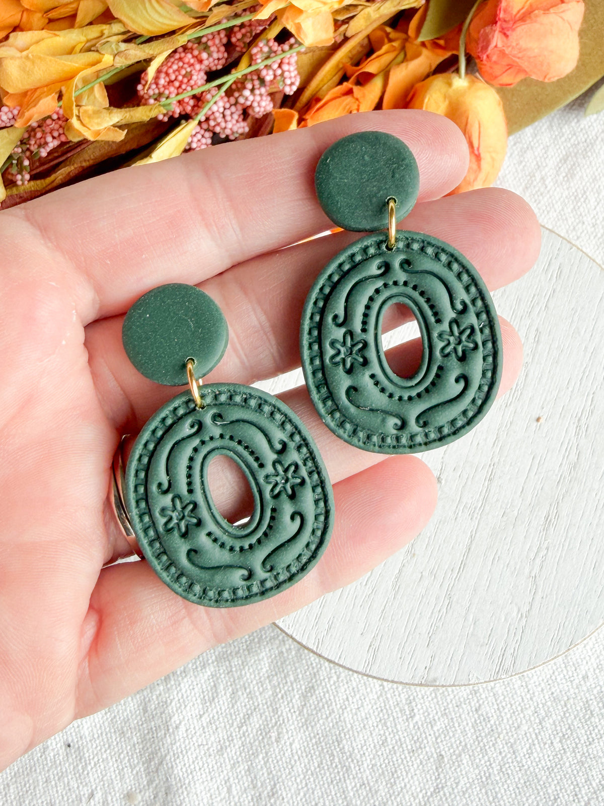 Forest Green Boho Folk Art Organic Circle Polymer Clay Earrings