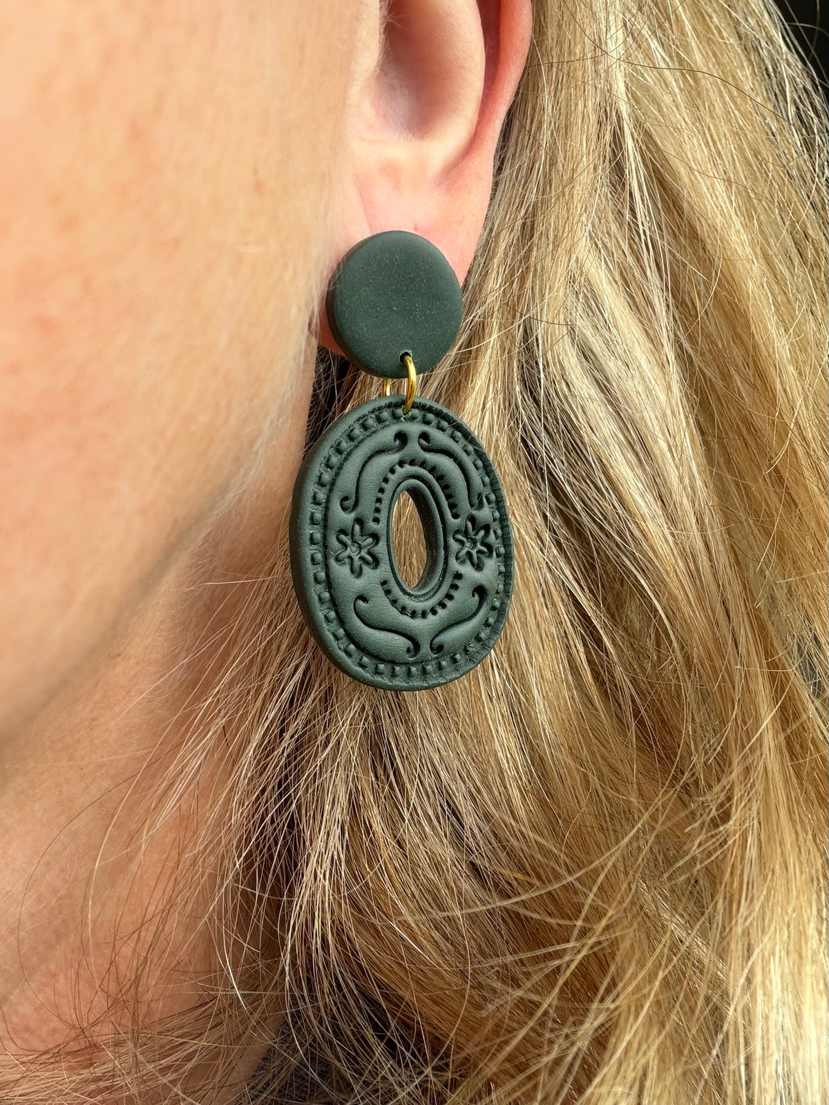 Forest Green Boho Folk Art Organic Circle Polymer Clay Earrings