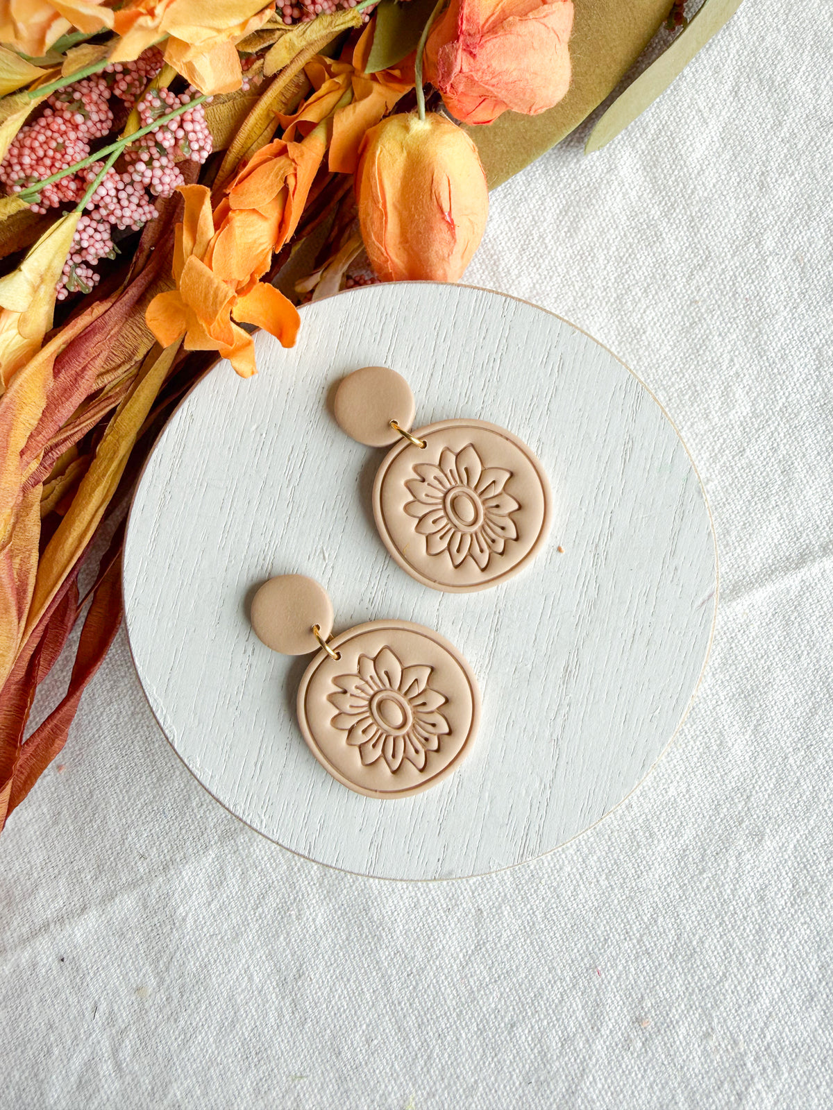 Beige Botanical Sunflower Polymer Clay Earrings