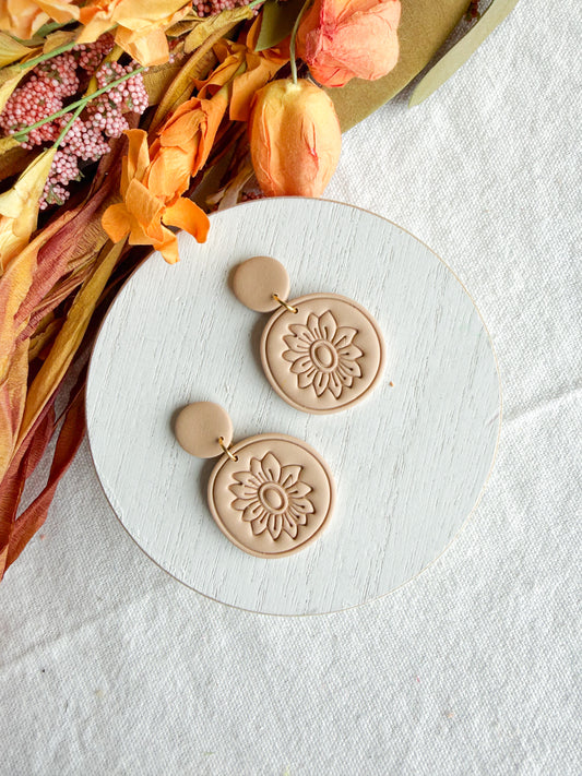 Beige Botanical Sunflower Polymer Clay Earrings