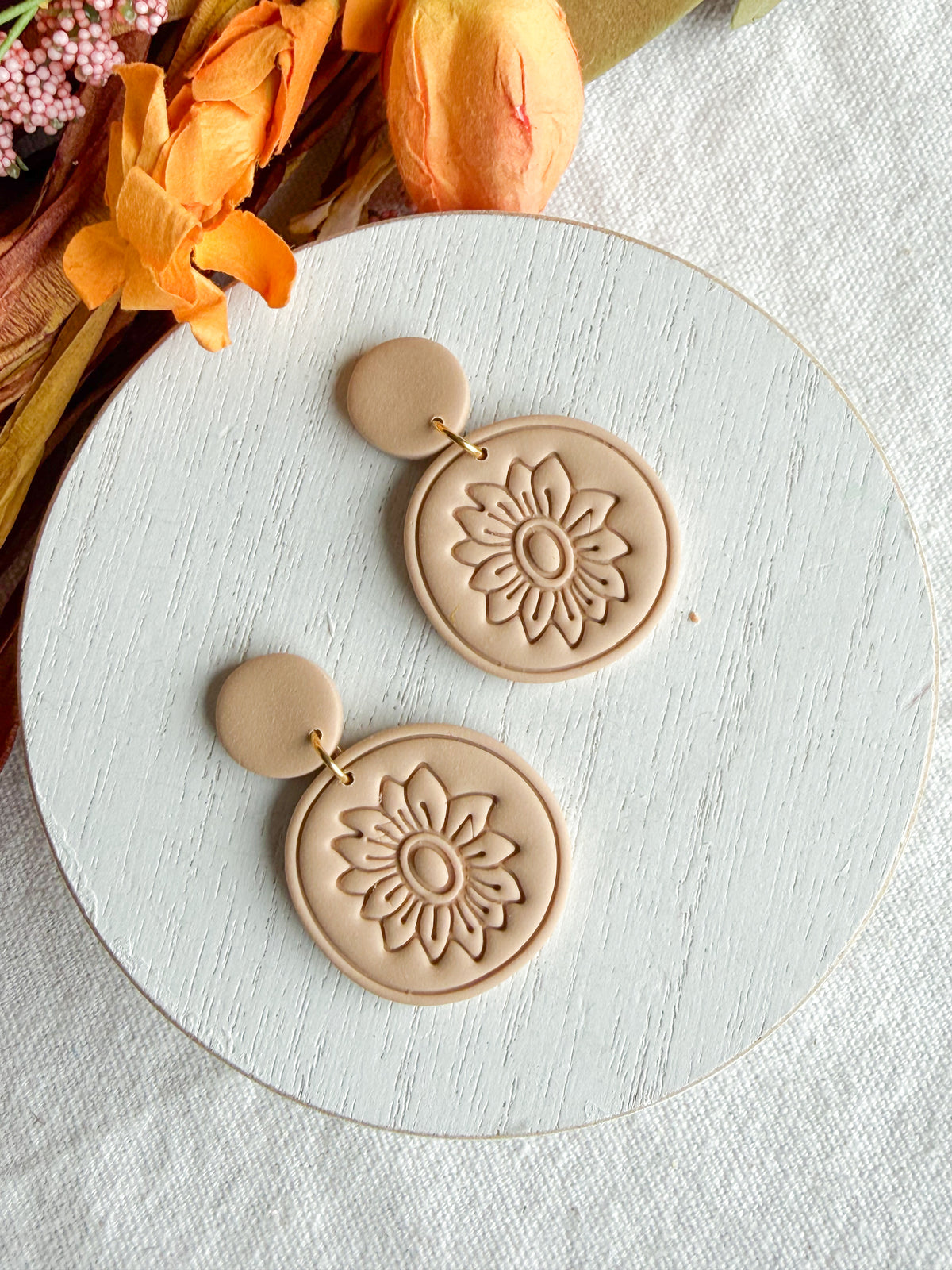 Beige Botanical Sunflower Polymer Clay Earrings