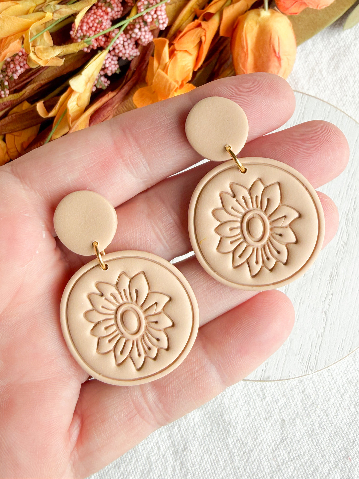 Beige Botanical Sunflower Polymer Clay Earrings