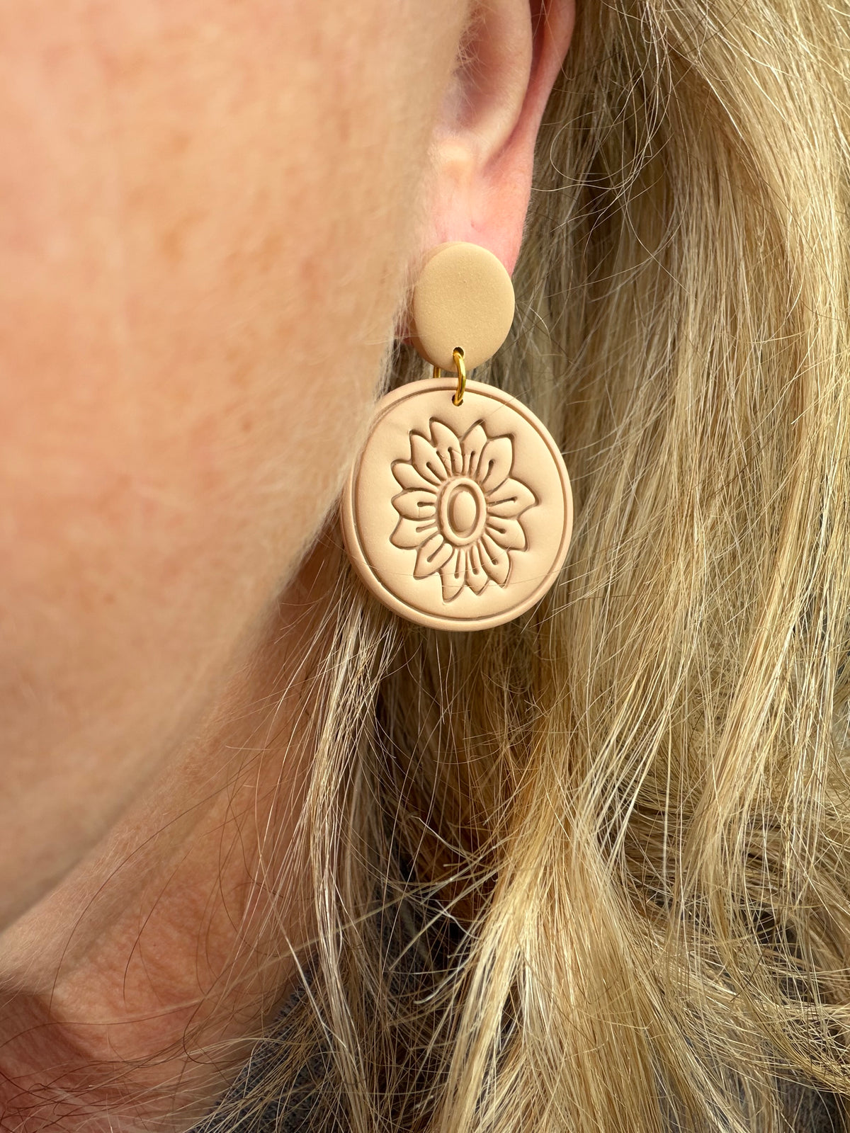 Beige Botanical Sunflower Polymer Clay Earrings