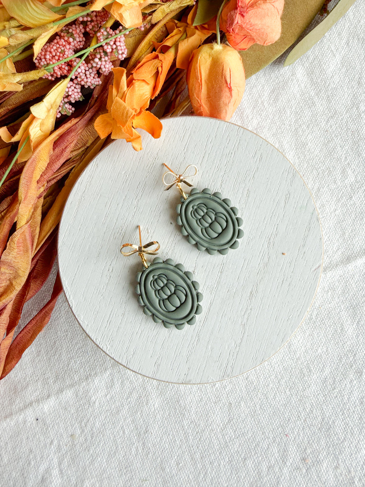 Sage Green Vintage Framed Pumpkin Polymer Clay Earrings